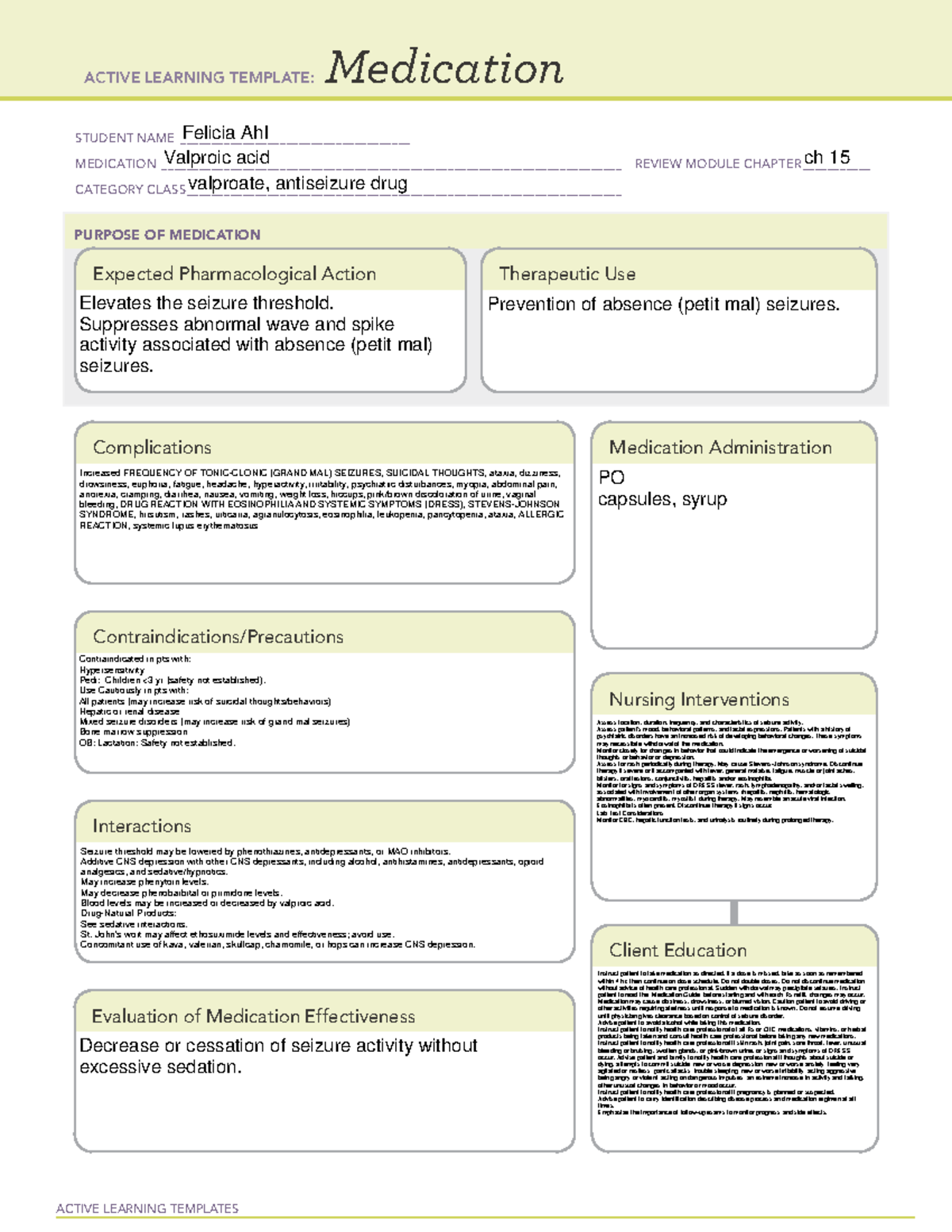 Ethosuximide drug cards ACTIVE LEARNING TEMPLATES Medication