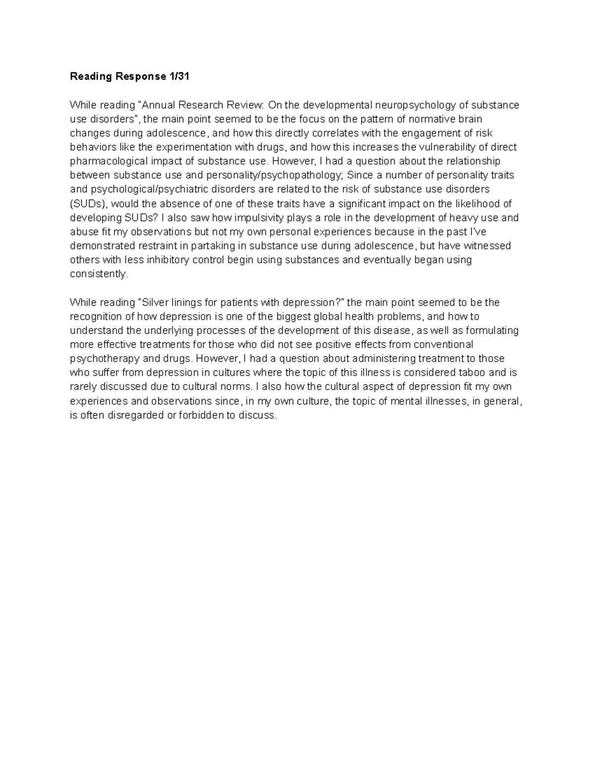 Reading Response 1/31 - Reading Response 1/ While reading “Annual ...