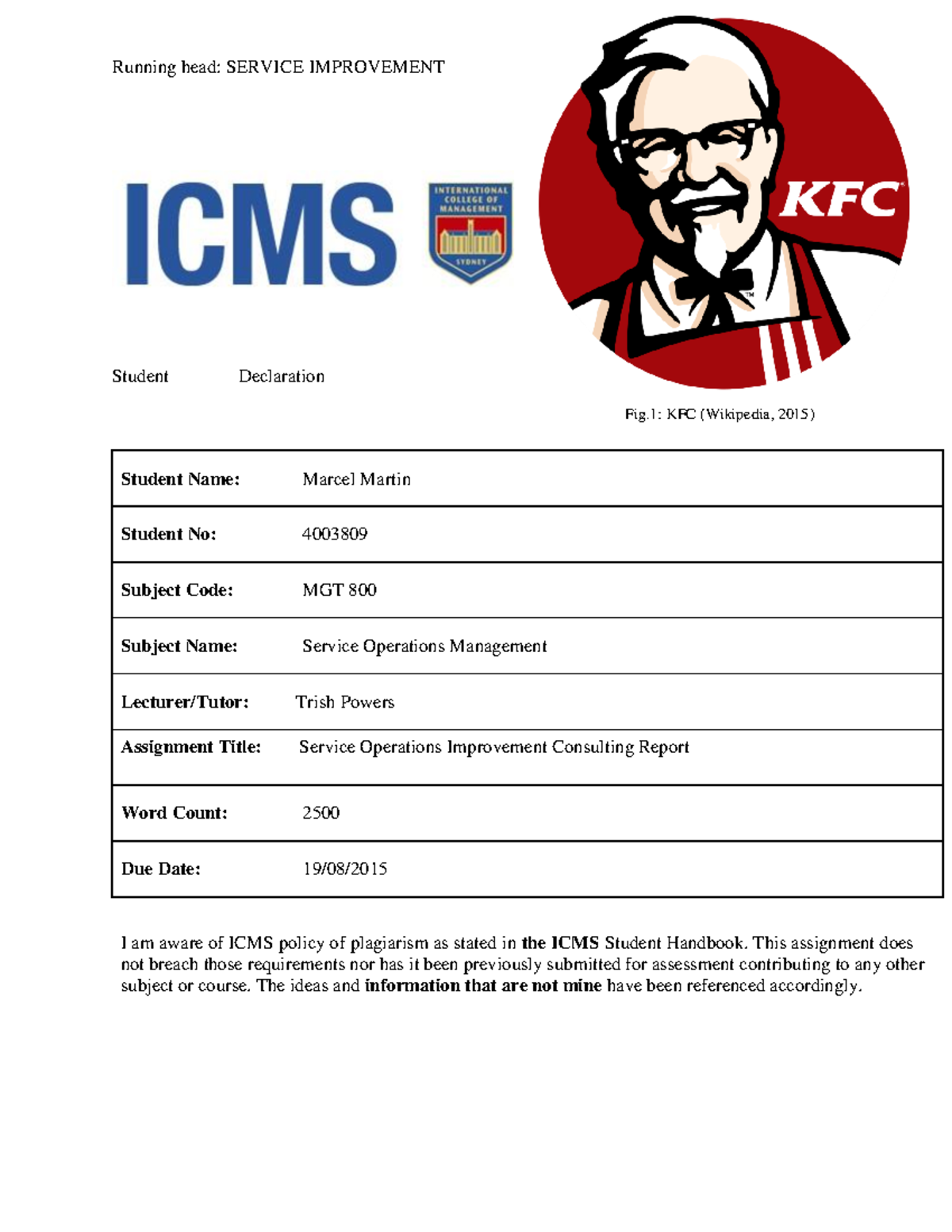 Service Operation KFC - Instructions - Running head: SERVICE ...