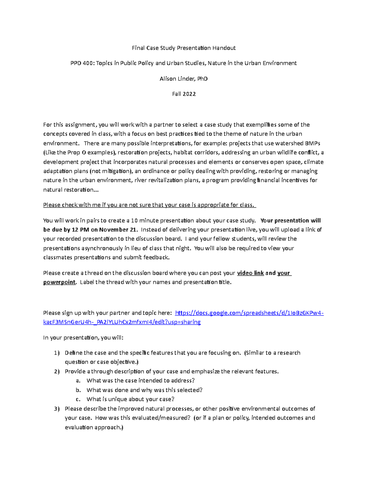 Case study presentations handout Fall 2022 - Final Case Study ...