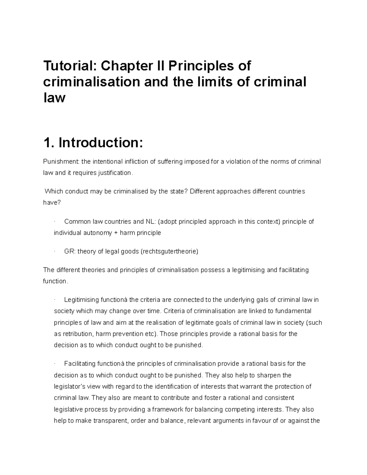 Tutorial Chapter II Principles of criminalisation and the limits of