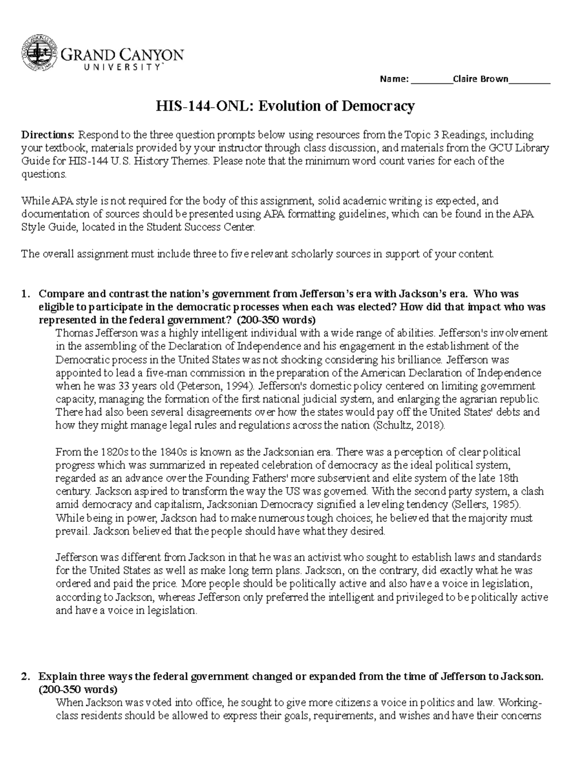 HIS-144 The Evolution of Democracy Worksheet - Name: Claire Brown HIS-144-ONL:  Evolution of - Studocu