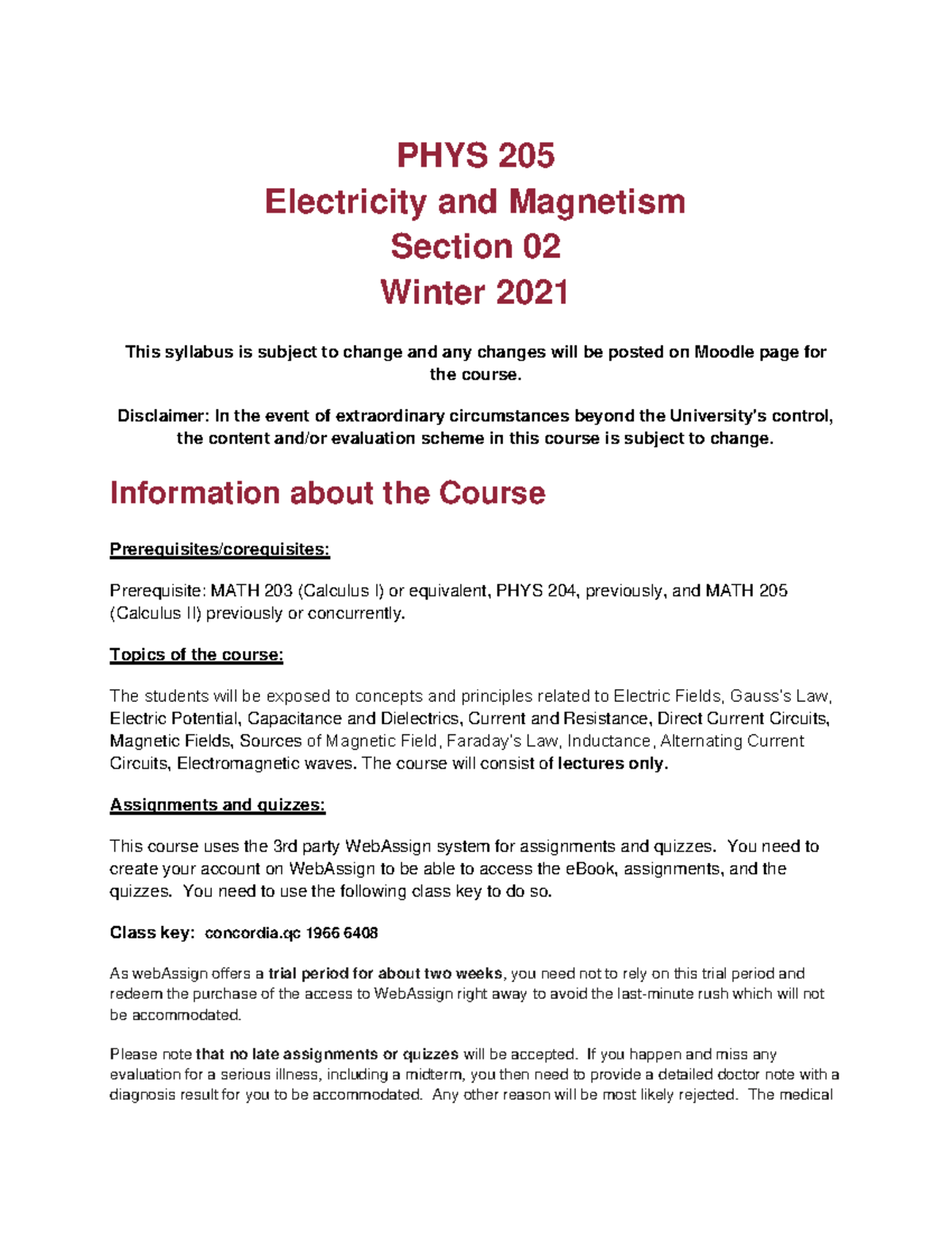 PHYS 205 Electricity And Magnetism Syllabus - PHYS 205 Electricity And ...