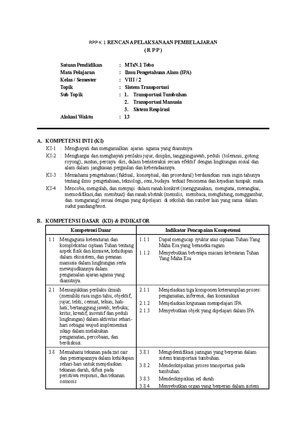 RPP P2 K-13 SEMESTER 2 - RPP K 1 RENCANA PELAKSANAAN PEMBELAJARAN ( R P ...