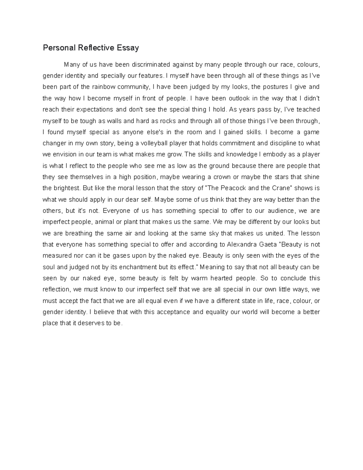 personal reflective essay o level