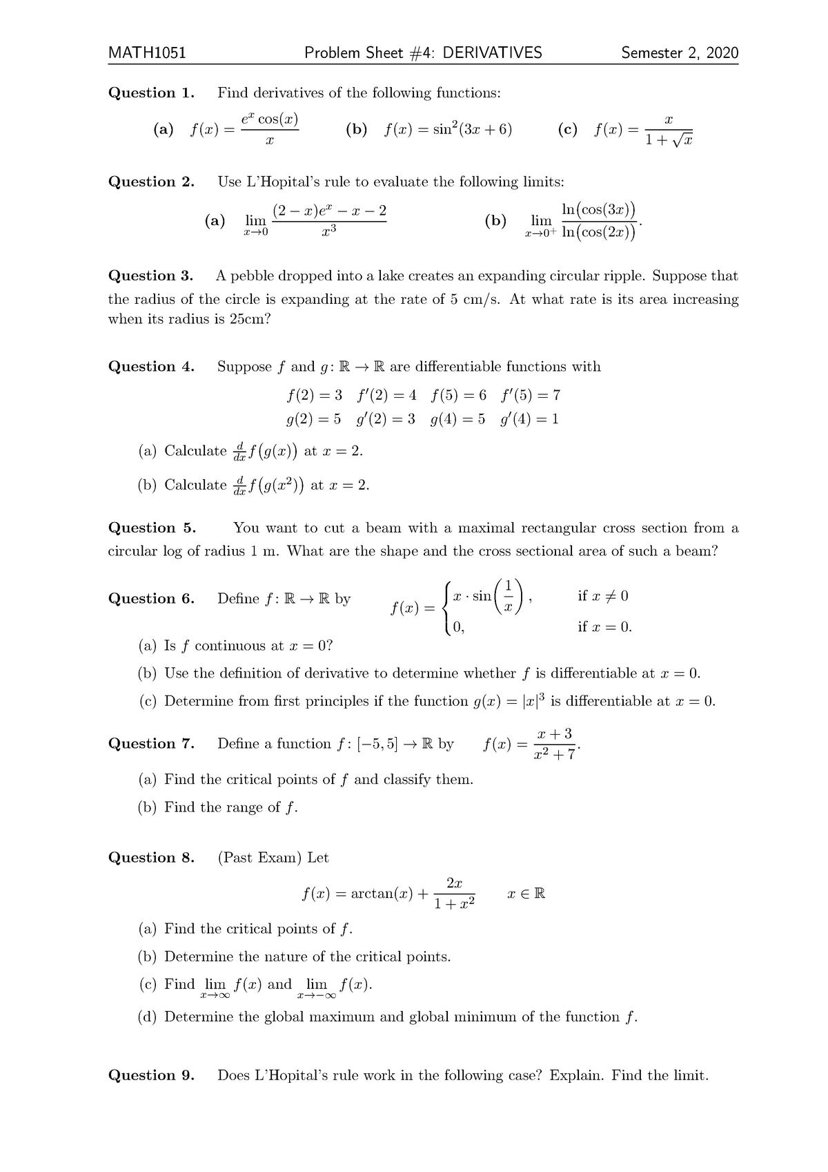 4. Derivatives 2020(2)Q - MATH1051 Problem Sheet #4: DERIVATIVES ...