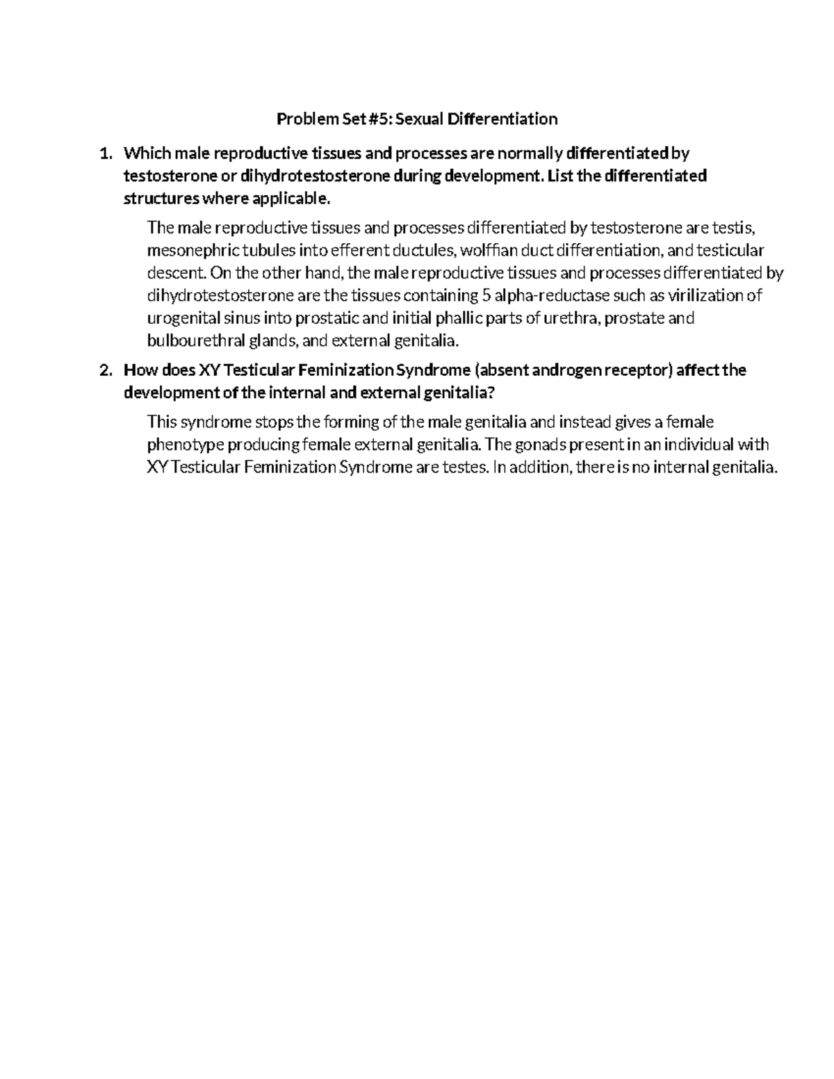 Problem Set #5 Sexual Differentiation - Problem Set #5: Sexual ...