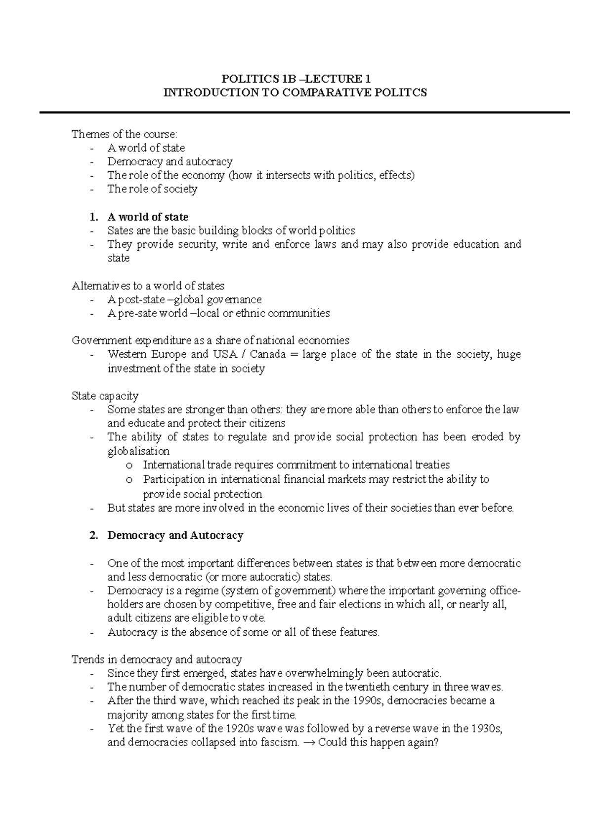 Politics 1B – Lecture 1 - POLITICS 1B –LECTURE 1 INTRODUCTION TO ...