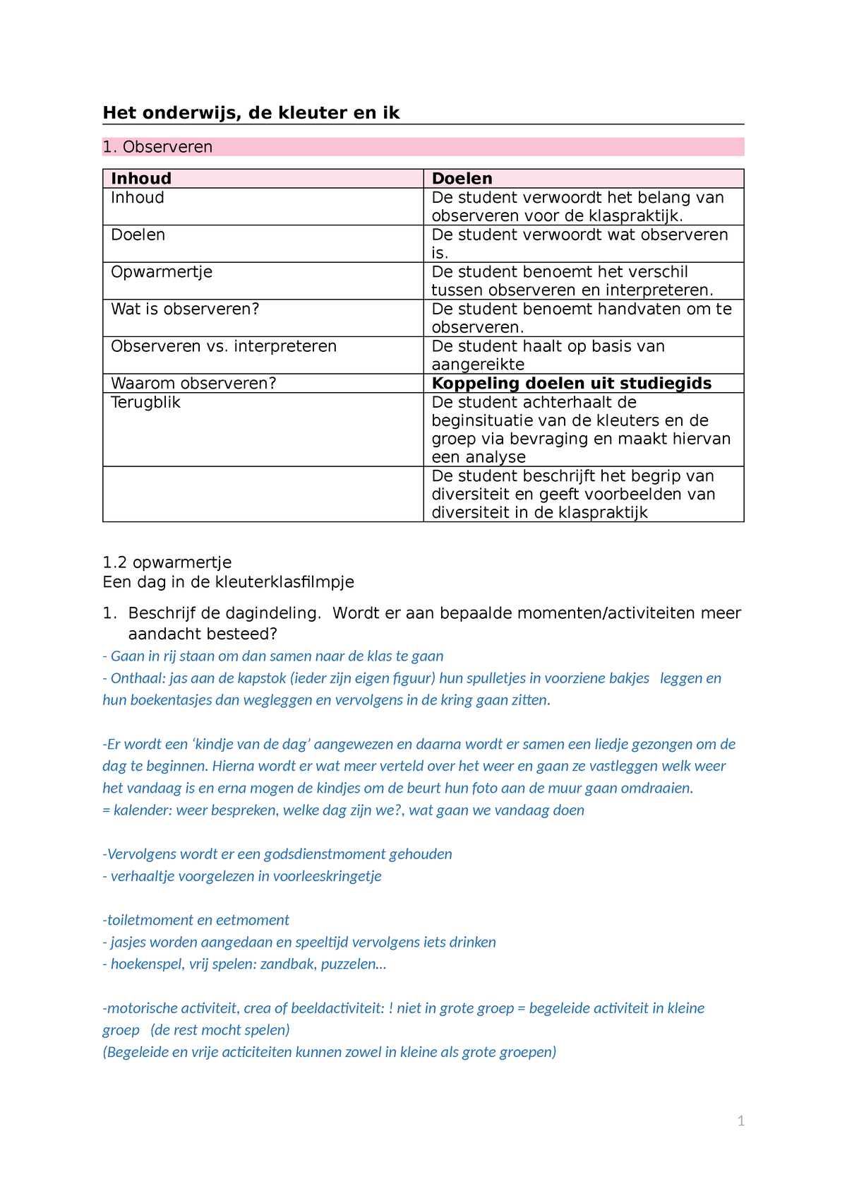 Het Onderwijs, De Kleuter En Ik - Observeren Inhoud Doelen Inhoud De ...