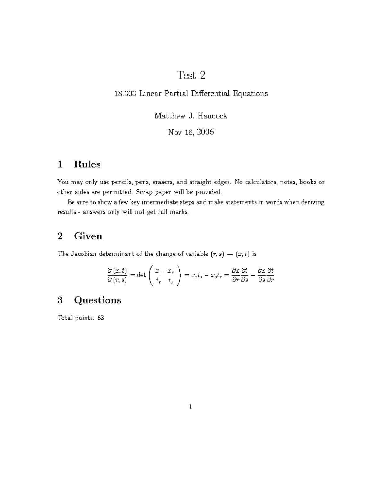 Test2solns - Solutions to practice midterm exam 2 for 18.03, worth 20% ...