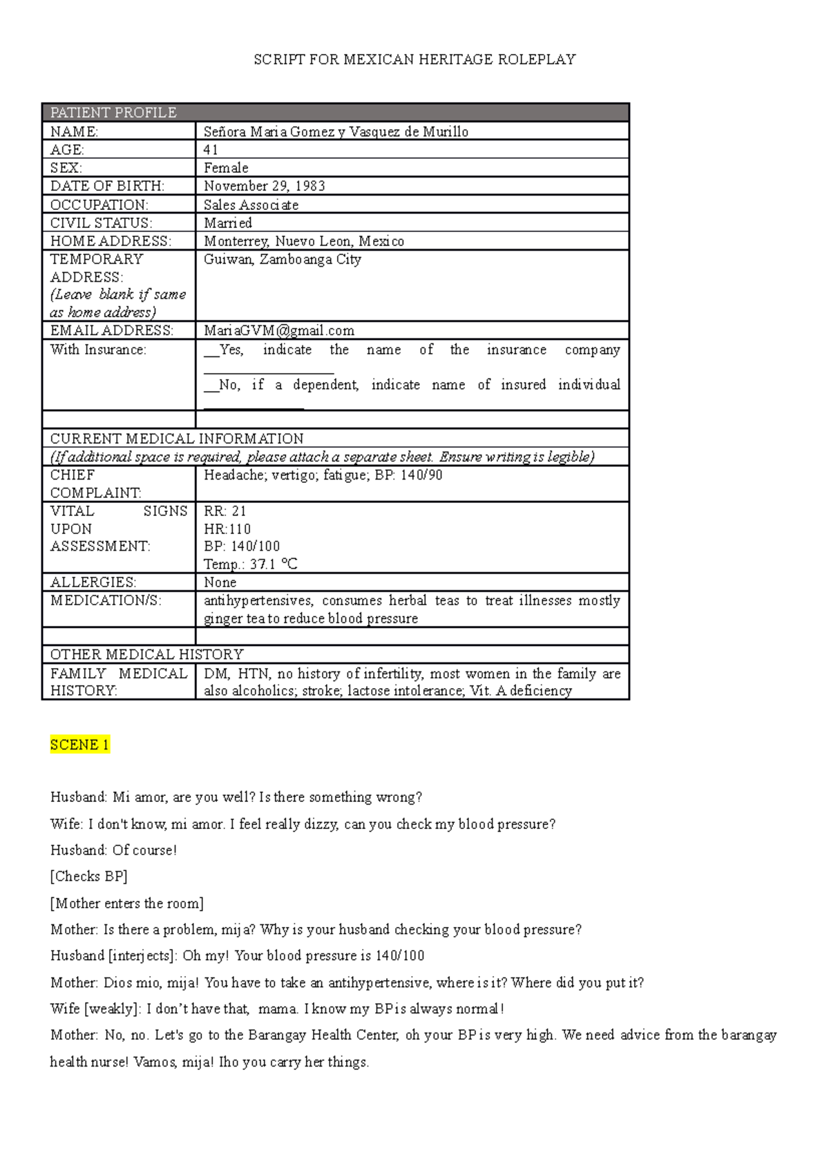 Mexican Heritage - SCRIPT FOR MEXICAN HERITAGE ROLEPLAY PATIENT PROFILE ...