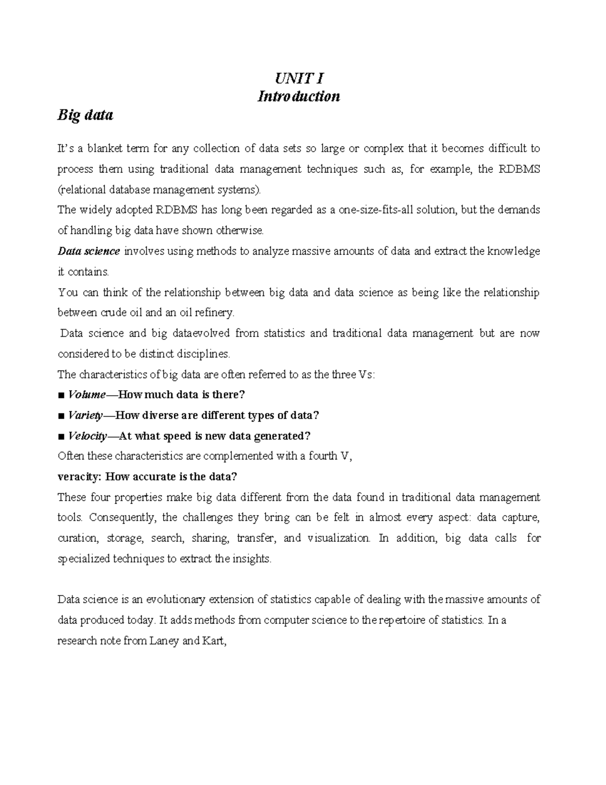 FDS unit I Big data UNIT I Introduction It’s a blanket term for any