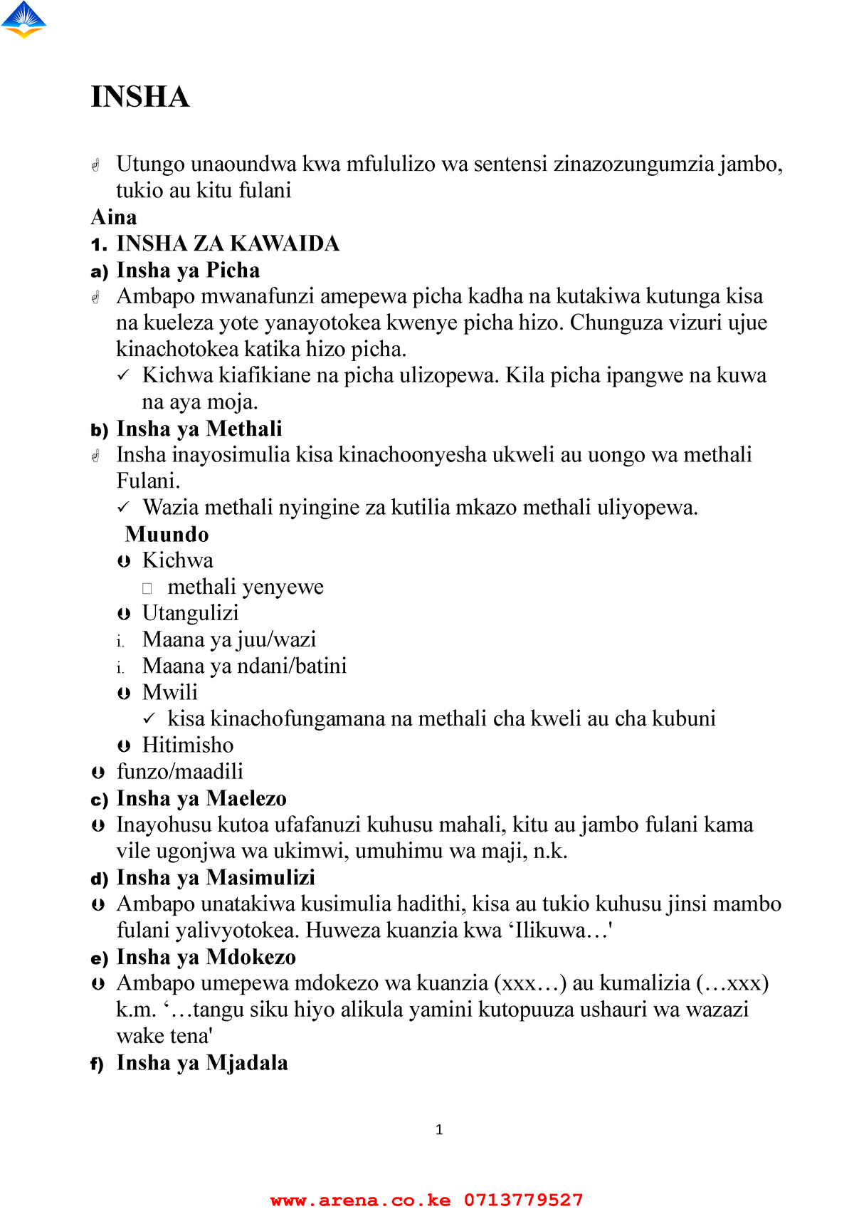 Kiswahili Notes FORM 1 4 - 1 INSHA Utungo Unaoundwa Kwa Mfululizo Wa ...