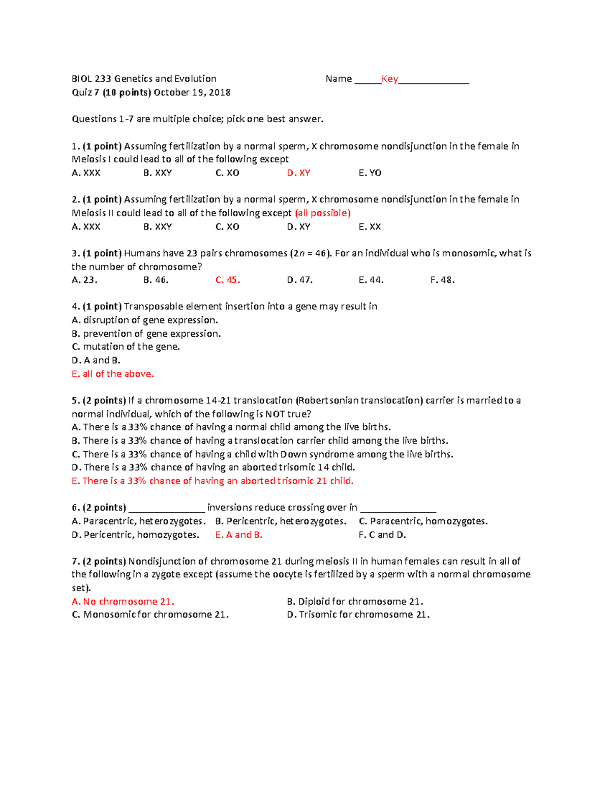 Q 7 Key - Q 7 Key - BIOL 233 Genetics and Evolution Name Key ...