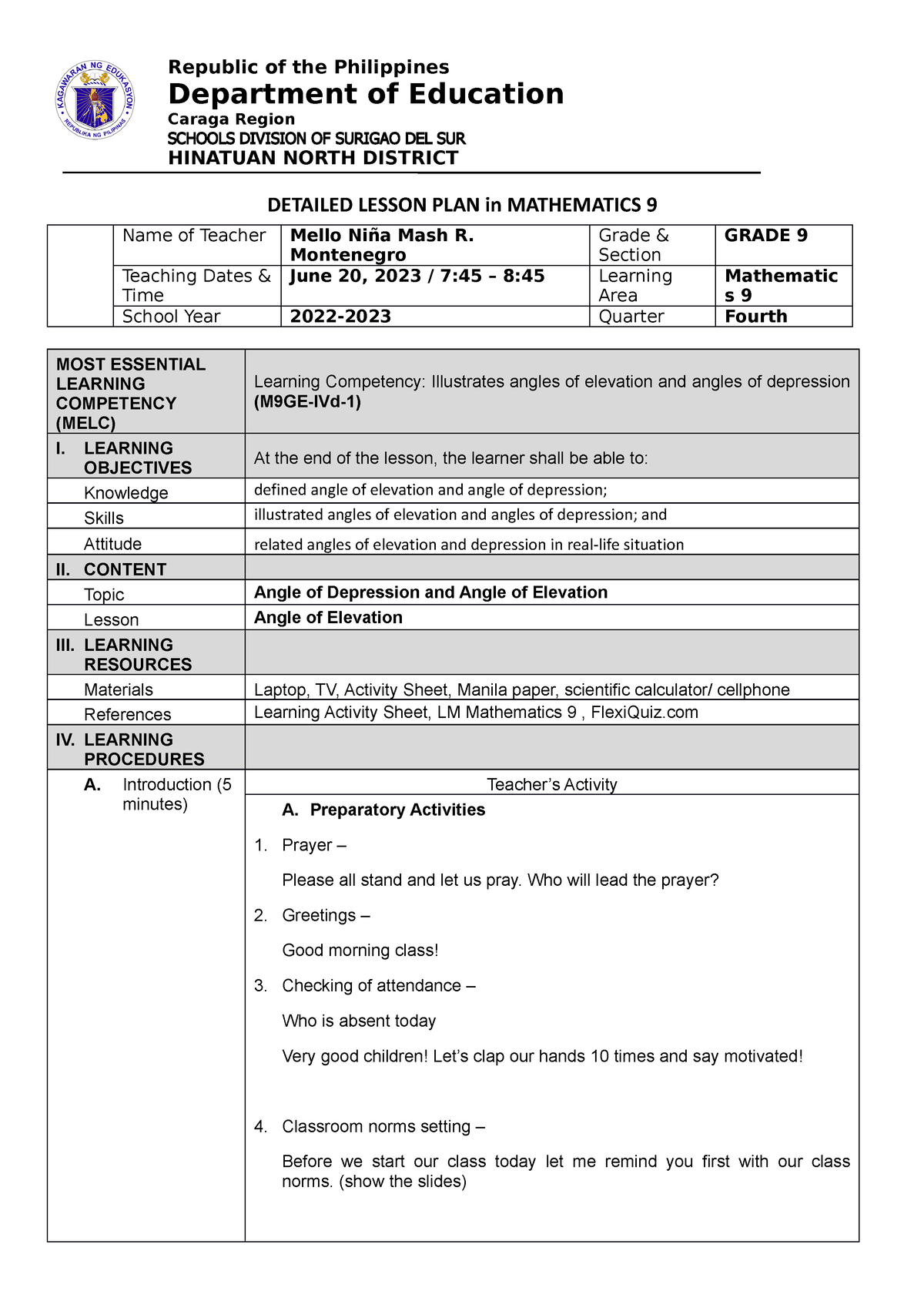 Lesson plan in Math 9 quarter 4 - Department of Education Caraga Region ...