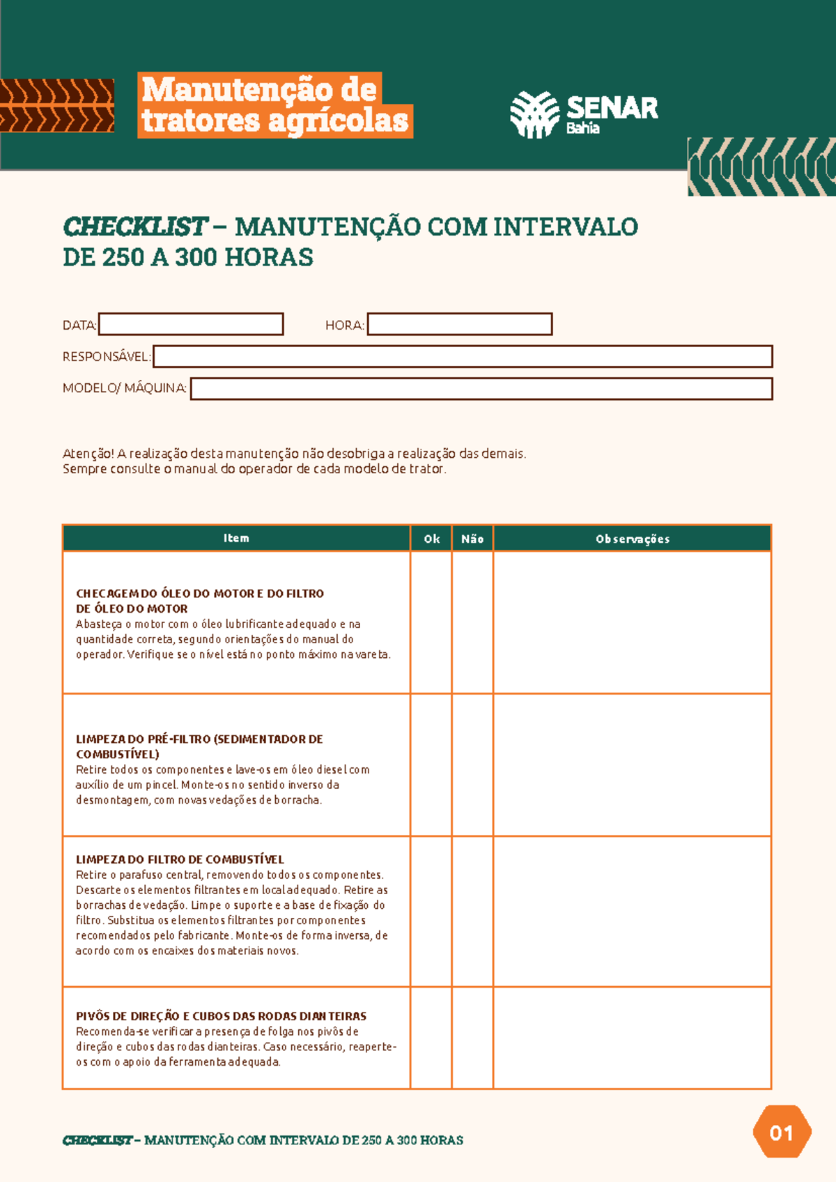 Checklist 250 300 horas - DATA: HORA: RESPONSÁVEL: MODELO/ MÁQUINA ...