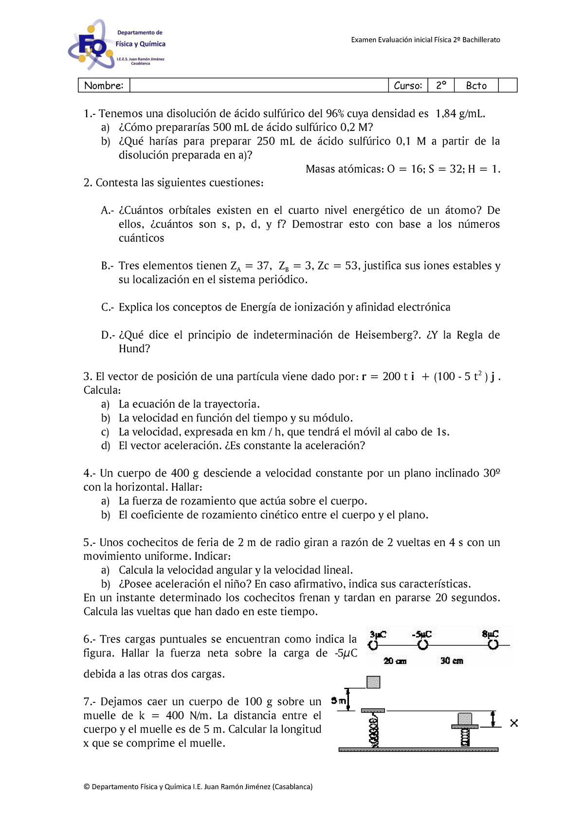 Examen Física General Evaluación Inicial Física 2º Bachillerato Examen Evaluación Inicial 1126