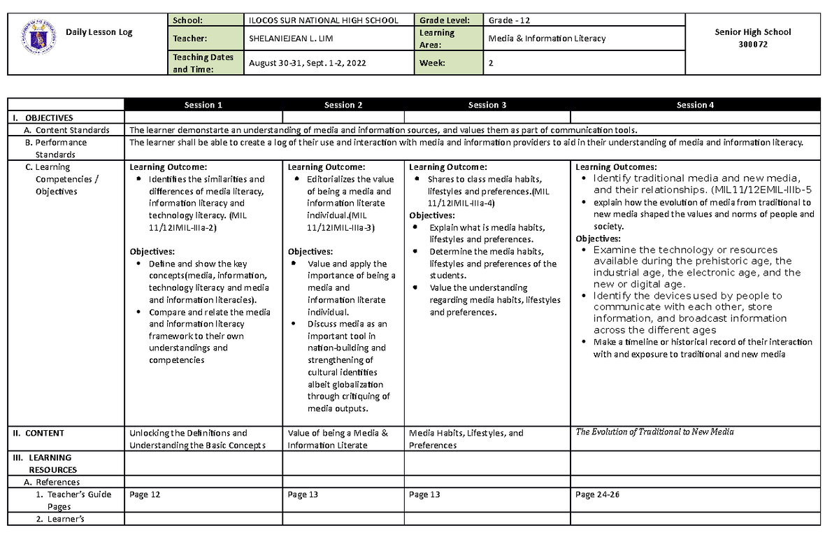 Dll-mil-week 2 2022 - This is a daily lesson log for week 2 of the ...