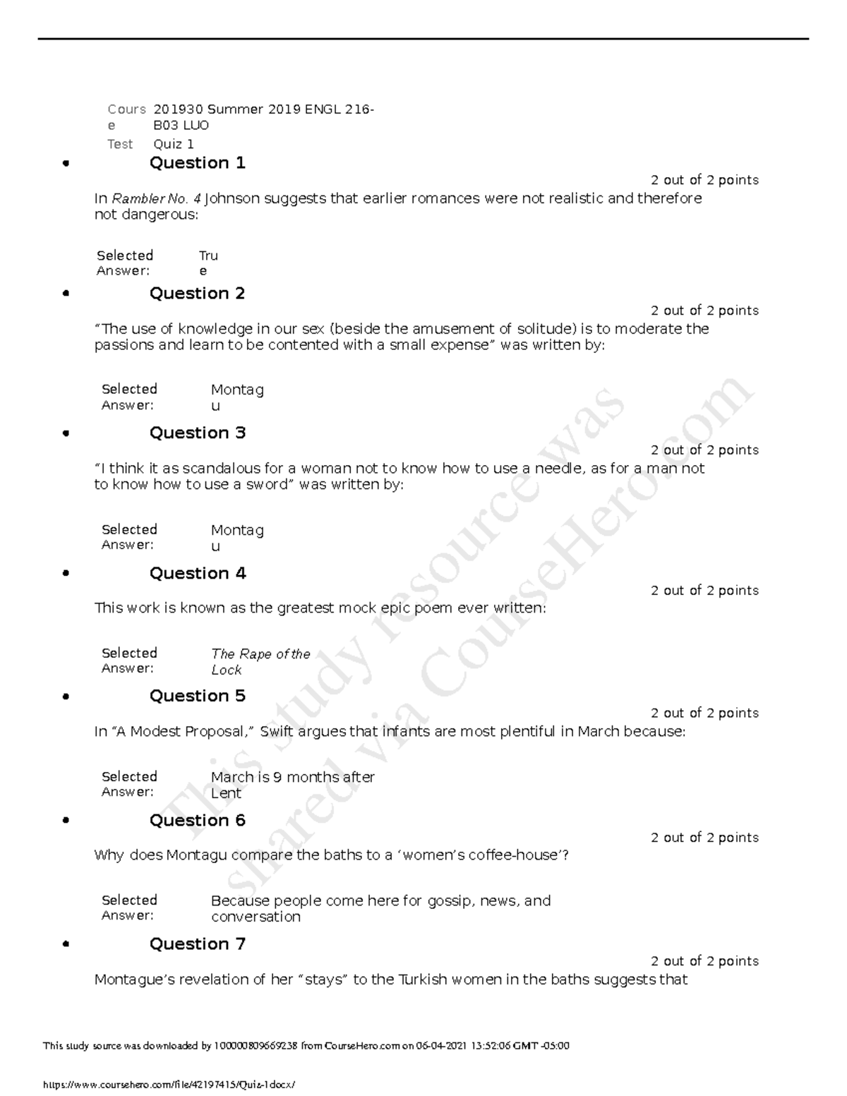 Quiz 1 - Quiz 1 - Cours E 201930 Summer 2019 ENGL 216- B03 LUO Test ...