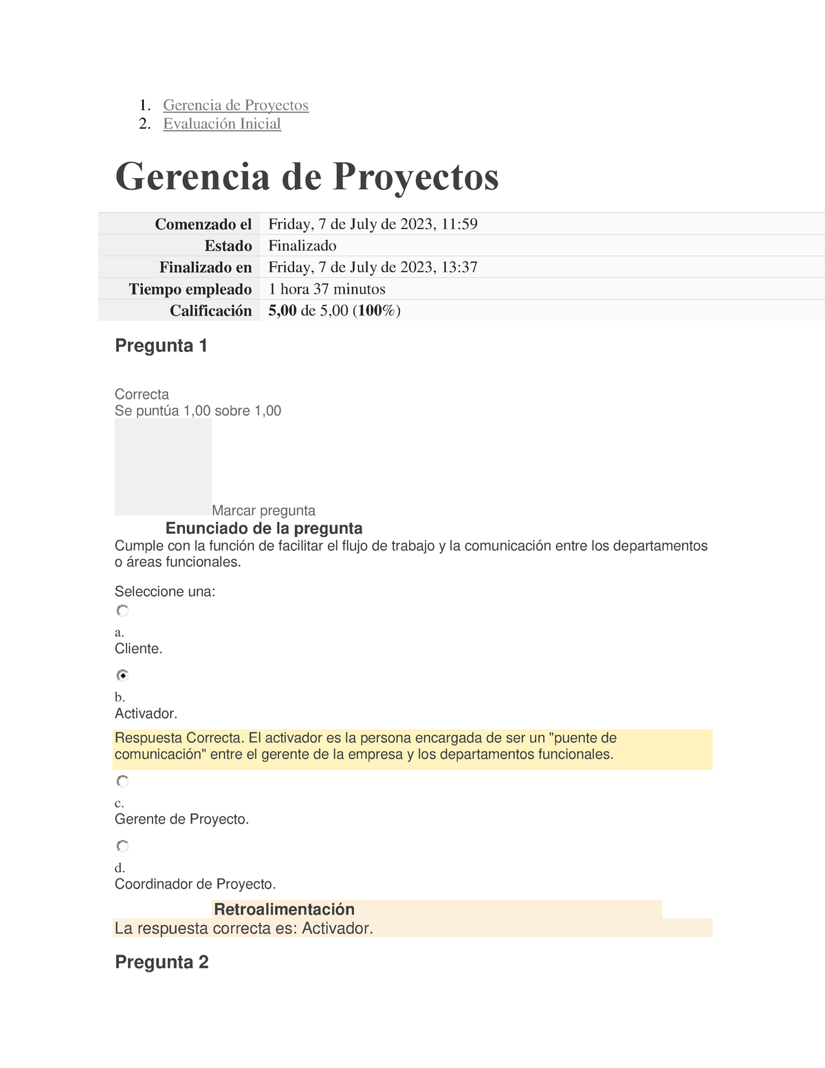 Gerencia De Proyectos Examen Inicial - 1. Gerencia De Proyectos 2 ...