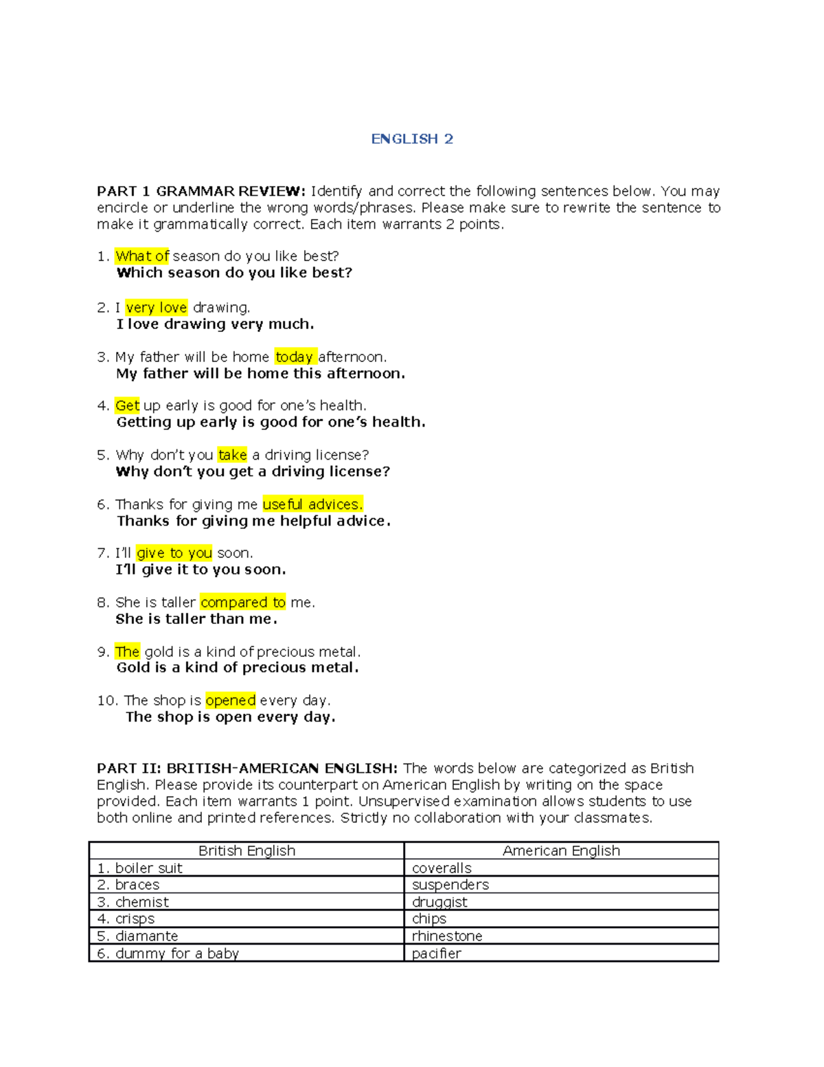 Prelim Exam English - Grammar Review - ENGLISH 2 PART 1 GRAMMAR REVIEW ...