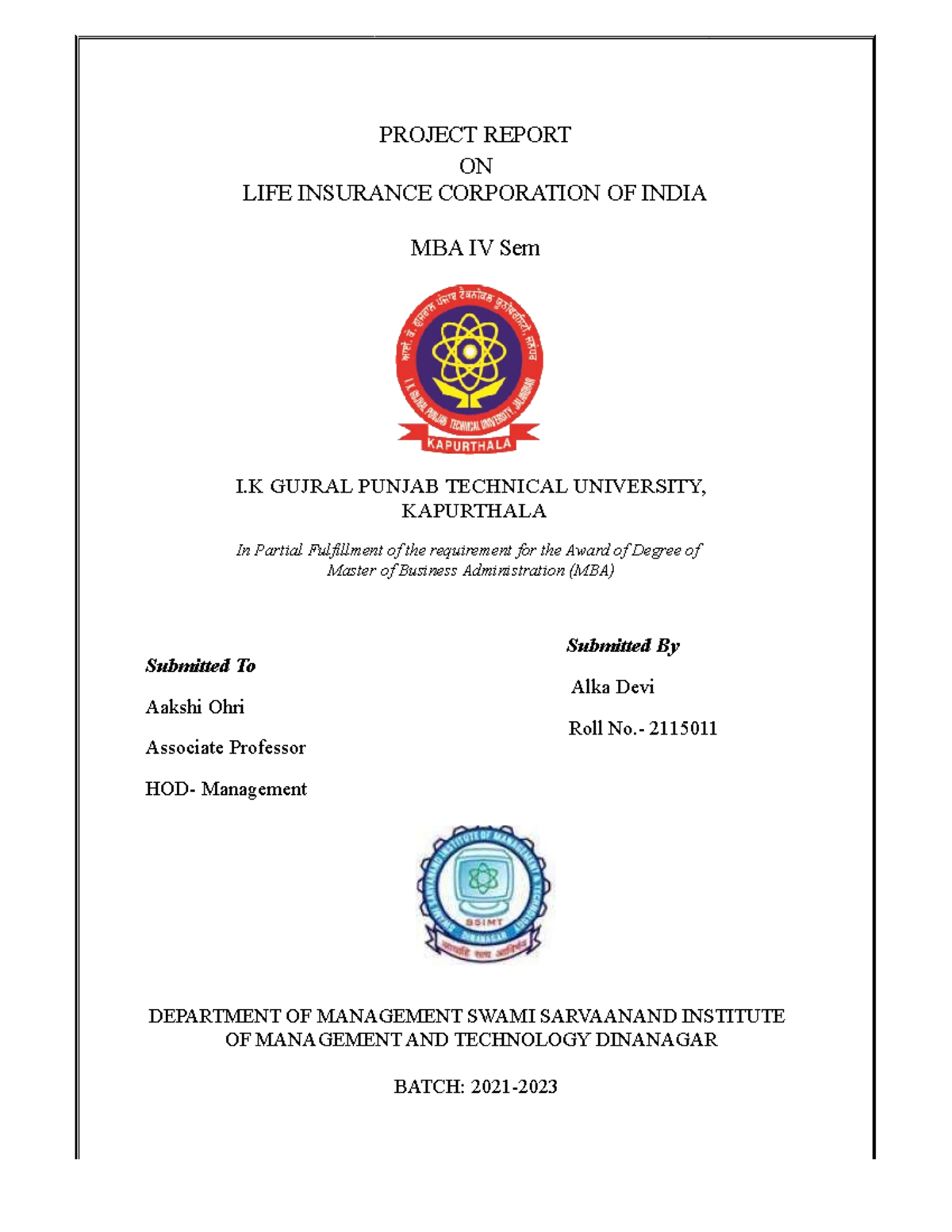 research report on lic