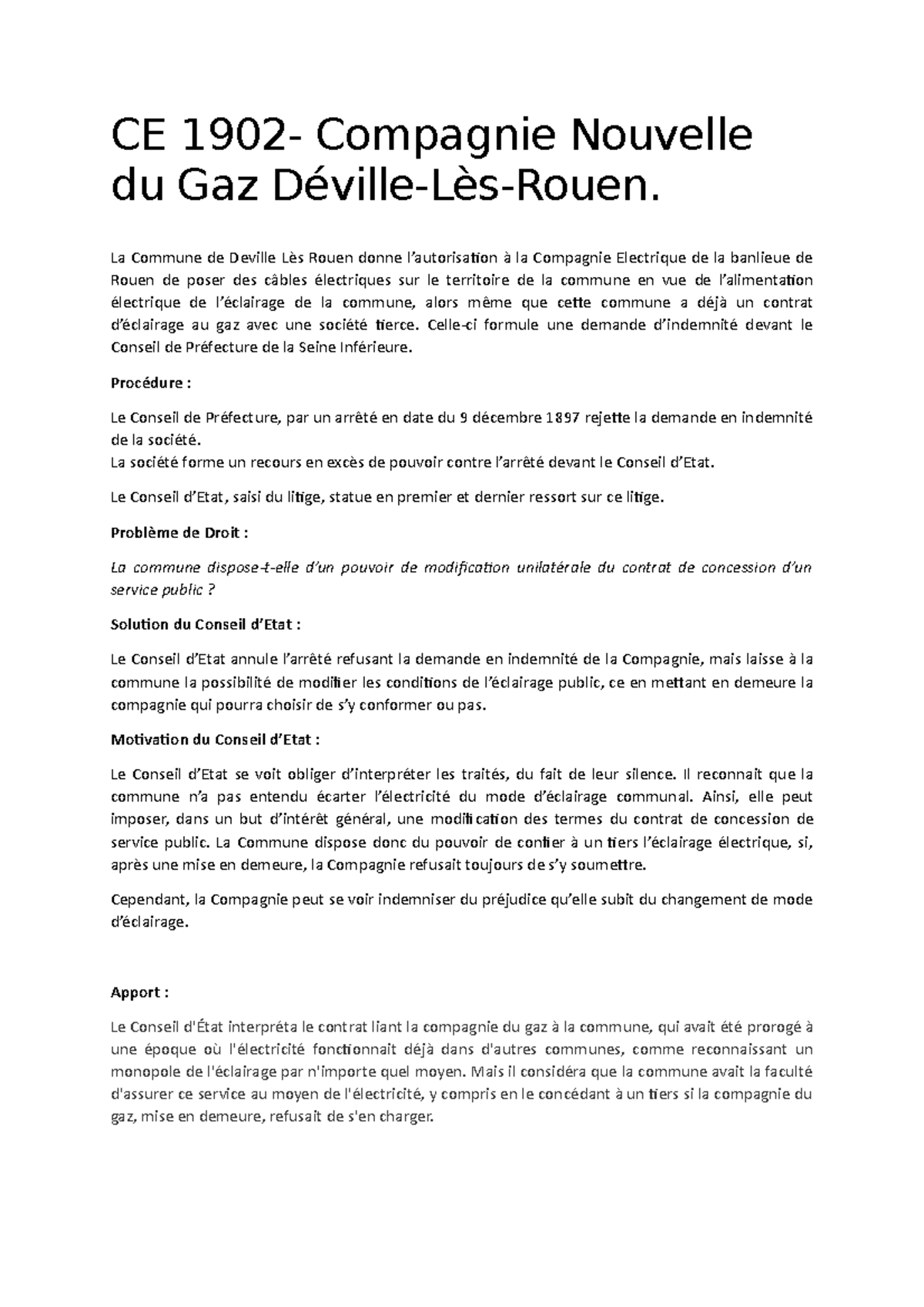 Arrêt Compagnie Nouvelle Du Gaz De Deville lès rouen FA TE 5 - Notes de cours cour droit administratif L2 semestre 1 - CE 1902- Compagnie  Nouvelle du Gaz - Studocu