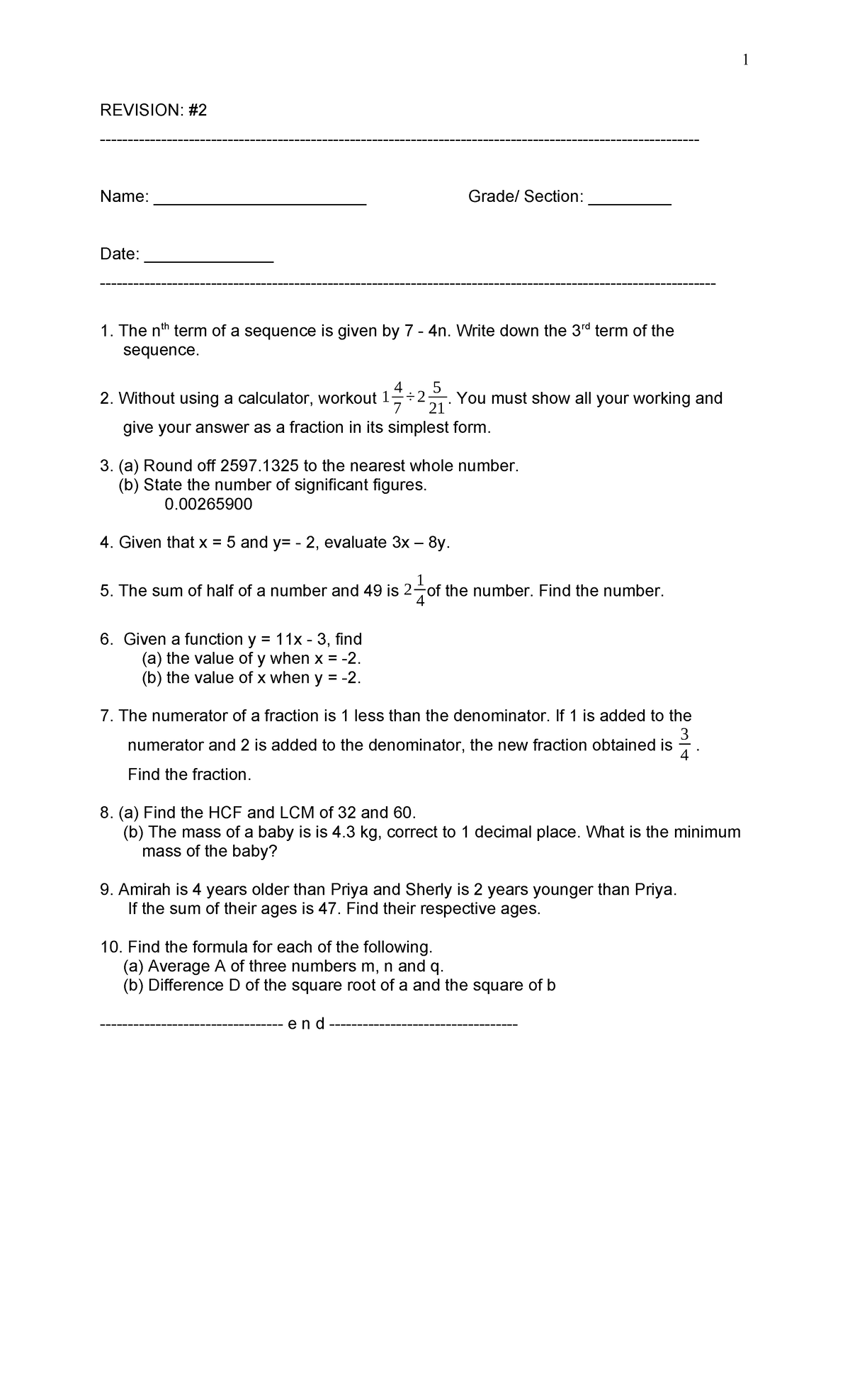 REV #2 HALF- Yearly EXAM 7AB 2023-24 - 1 REVISION: - Name ...