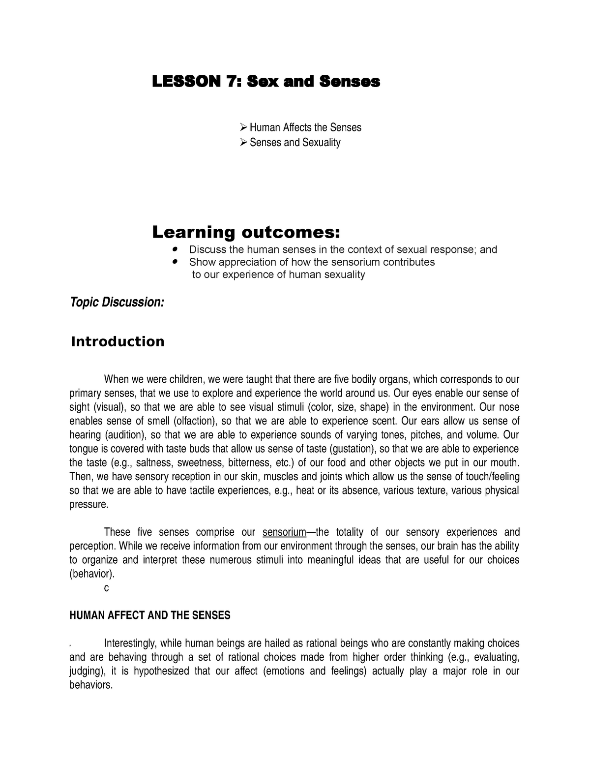 529686182 Lesson 7 Sex And Senses Lesson 7 Sex And Senses Human Affects The Senses Senses 