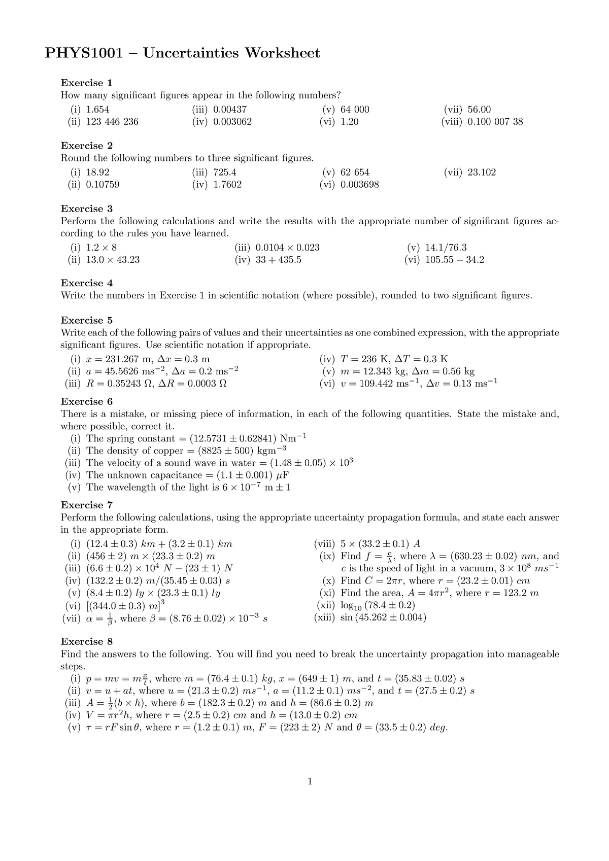 Wksheet Uncertainties - PHYS1001 – Uncertainties Worksheet Exercise 1 ...