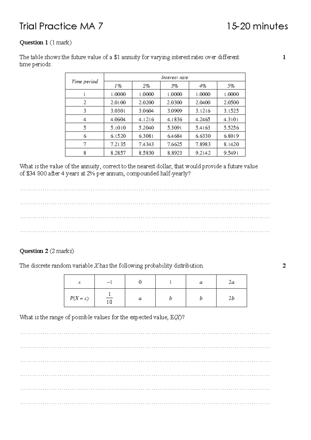 Trial Practice MA 7 - maths - Trial Practice MA 7 15 - 20 minutes ...