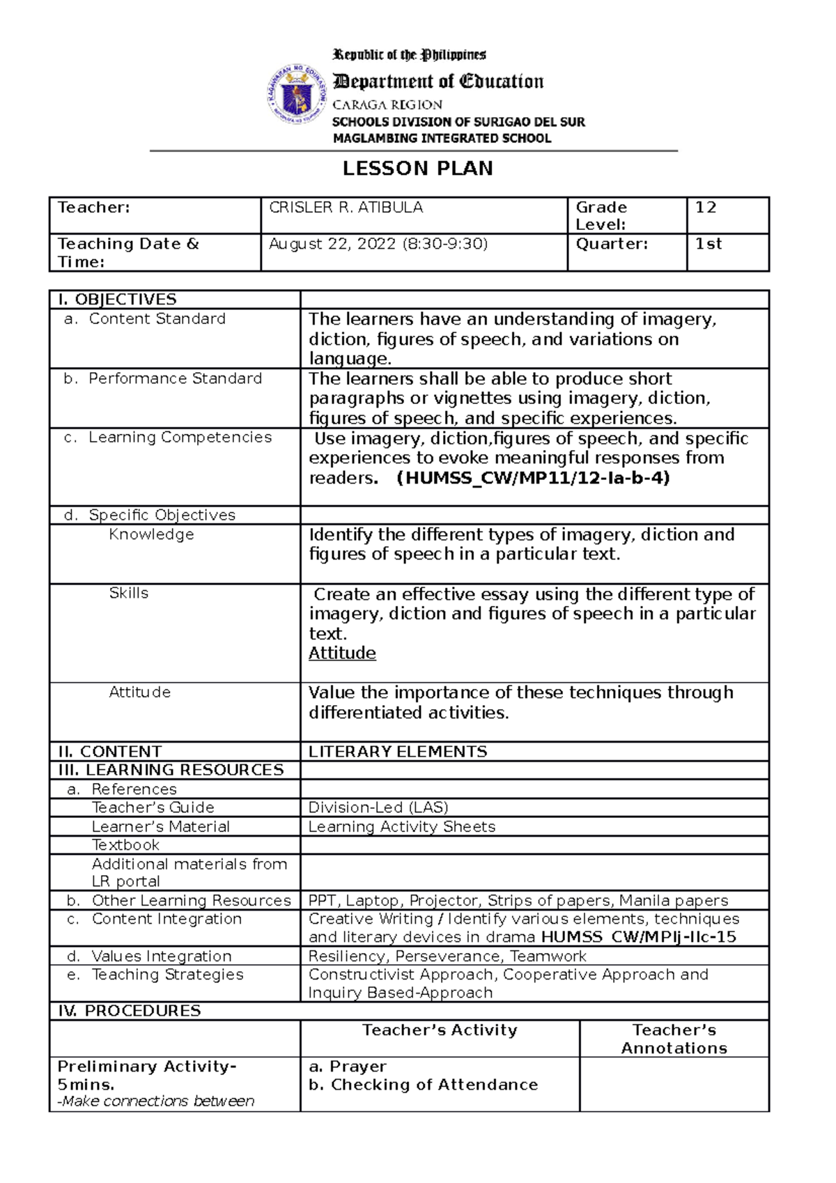 LP First DAY Creative Writing - LESSON PLAN Teacher: CRISLER R. ATIBULA ...