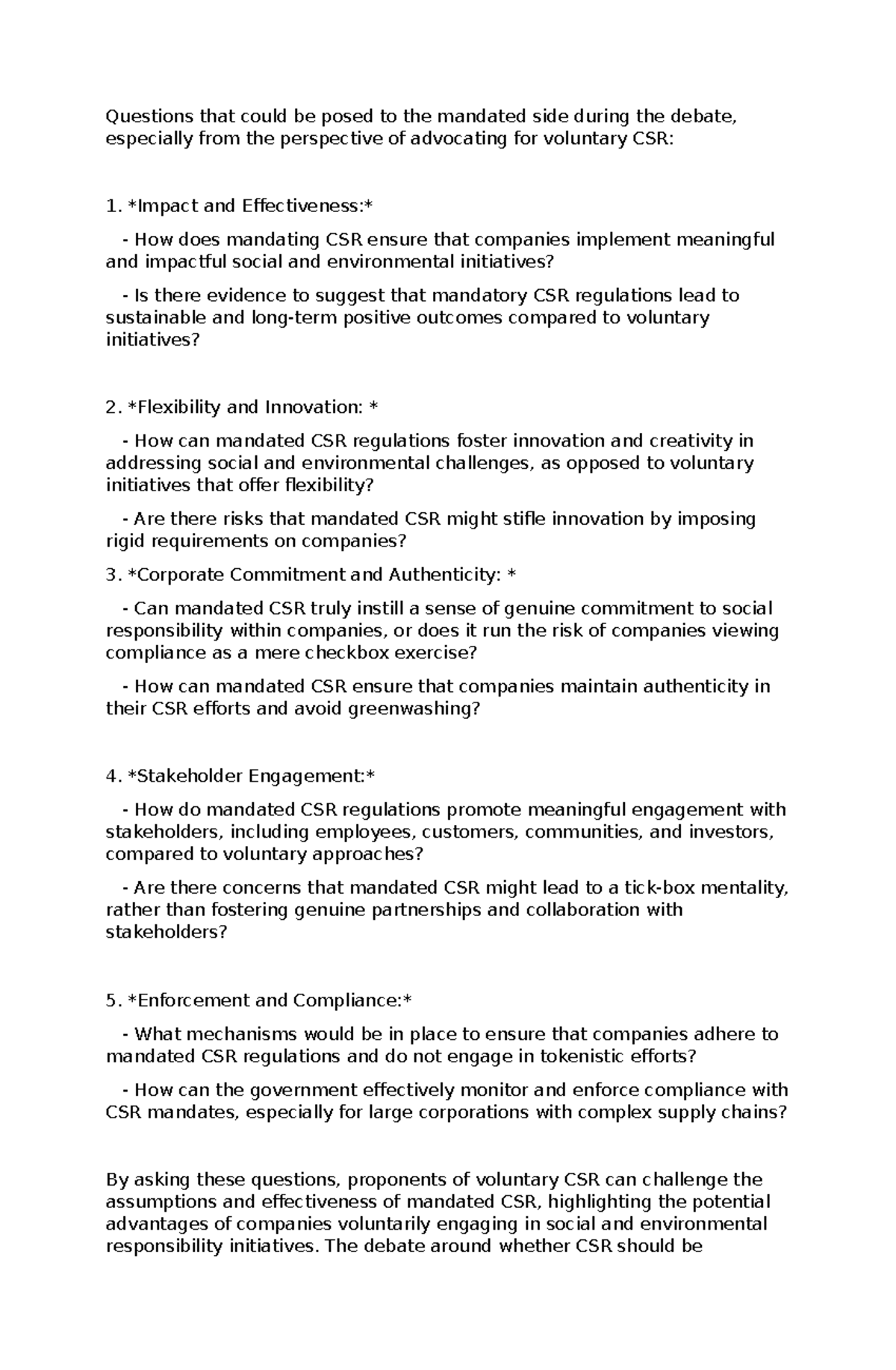 Debate - Questions that could be posed to the mandated side during the ...
