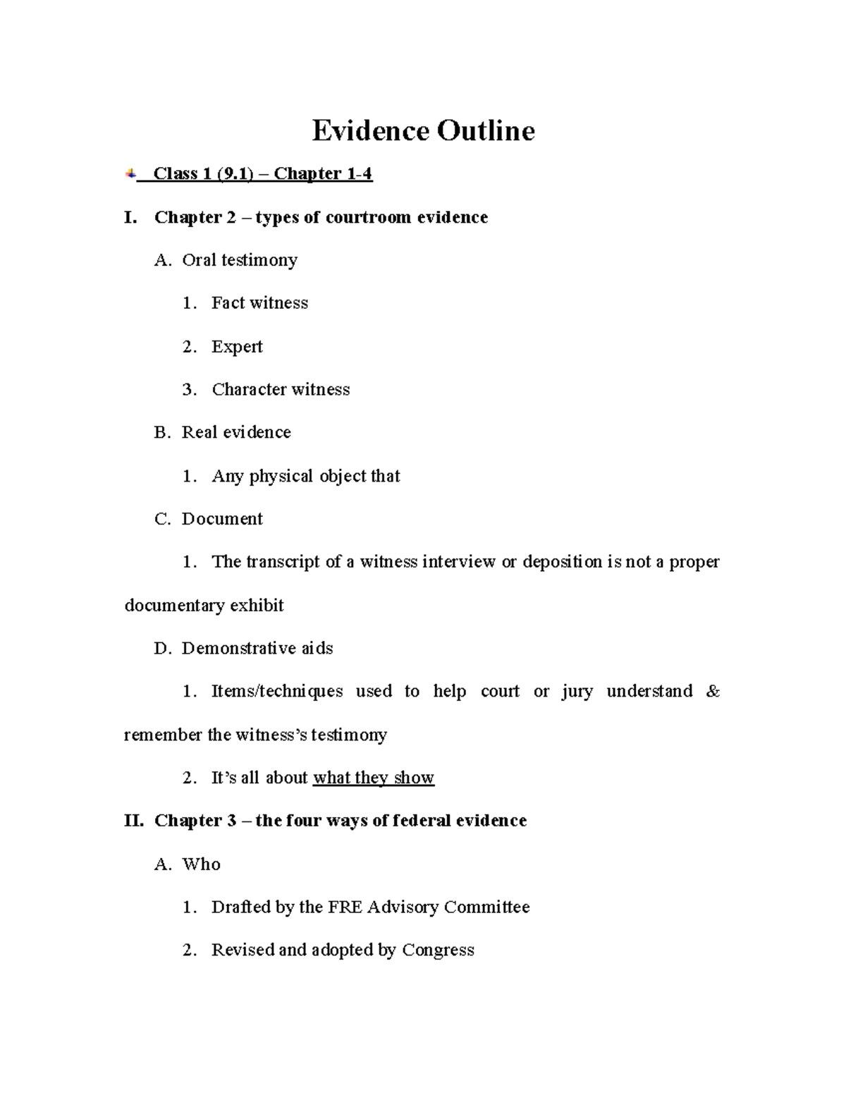 Evidence Outline - Evidence Outline Class 1 (9) – Chapter 1- I. Chapter ...