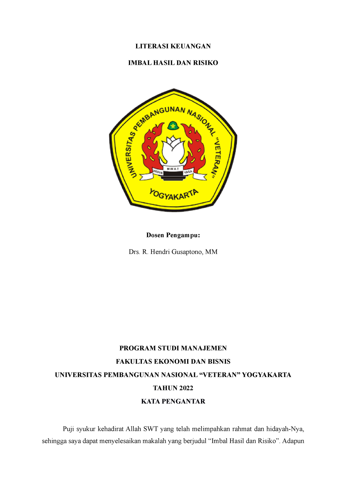 Makalah Literasi Keuangan Imbal Hasil DAN Risiko - LITERASI KEUANGAN ...