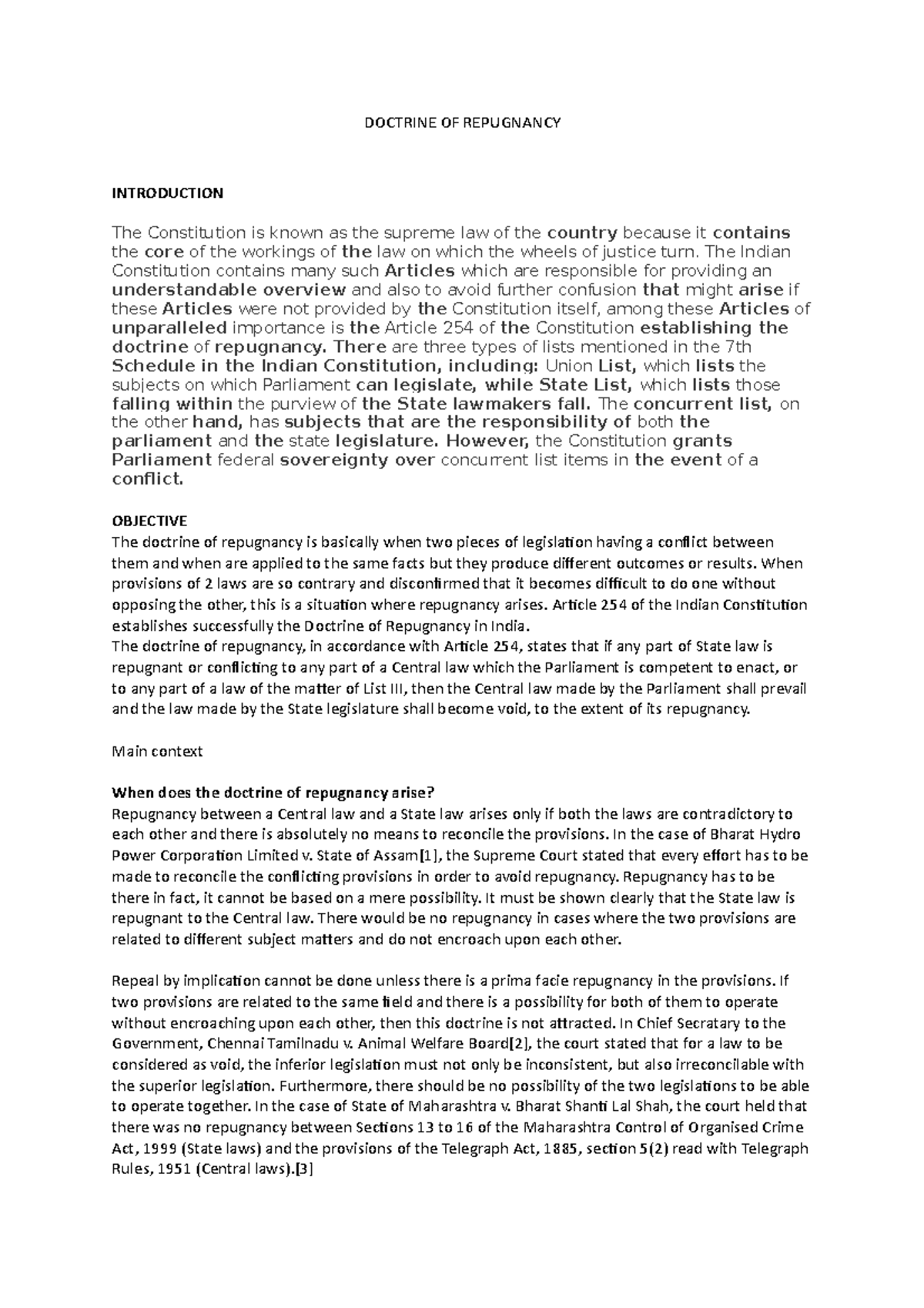 Doctrine OF Repugnancy - DOCTRINE OF REPUGNANCY INTRODUCTION The ...