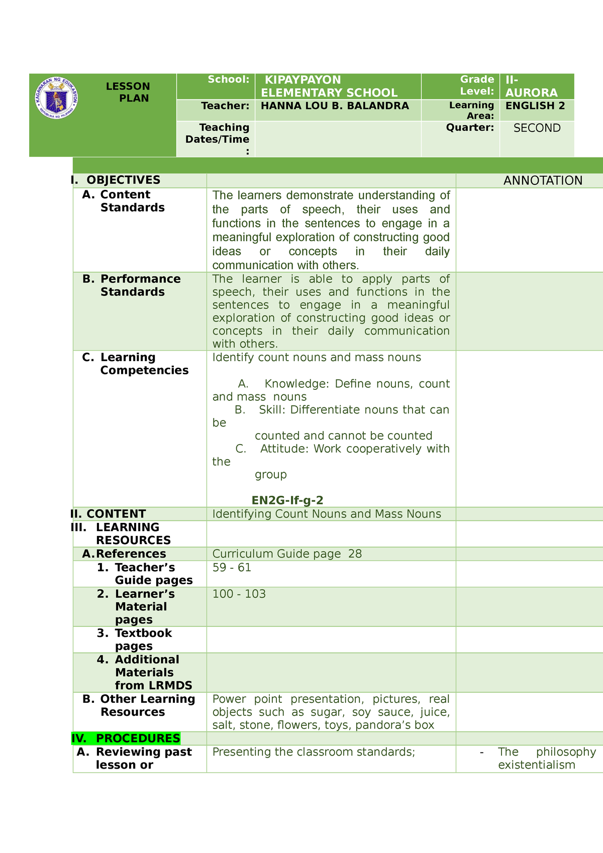 Lesson Plan In Grade 2 Demo - LESSON PLAN School: KIPAYPAYON ELEMENTARY ...