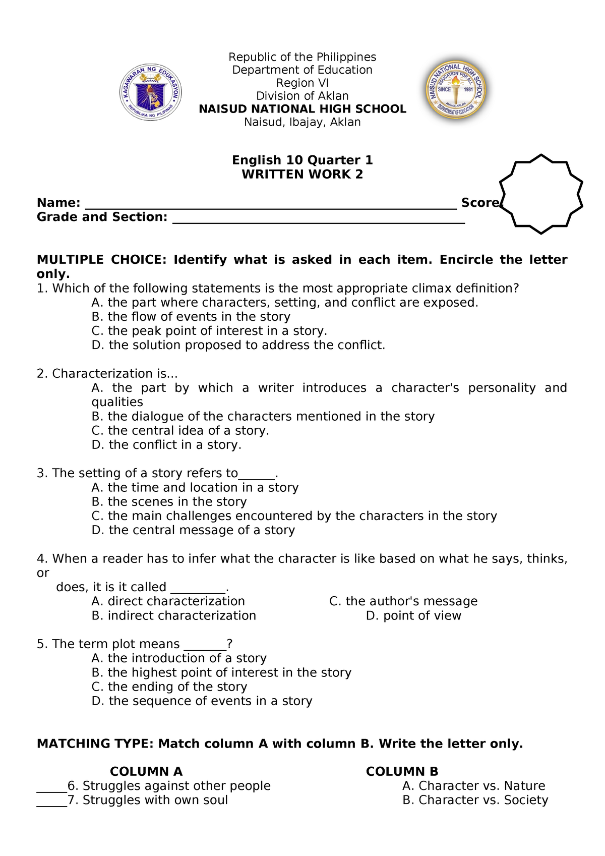 Grade 10 Q1 WW2 English - Republic of the Philippines Department of ...