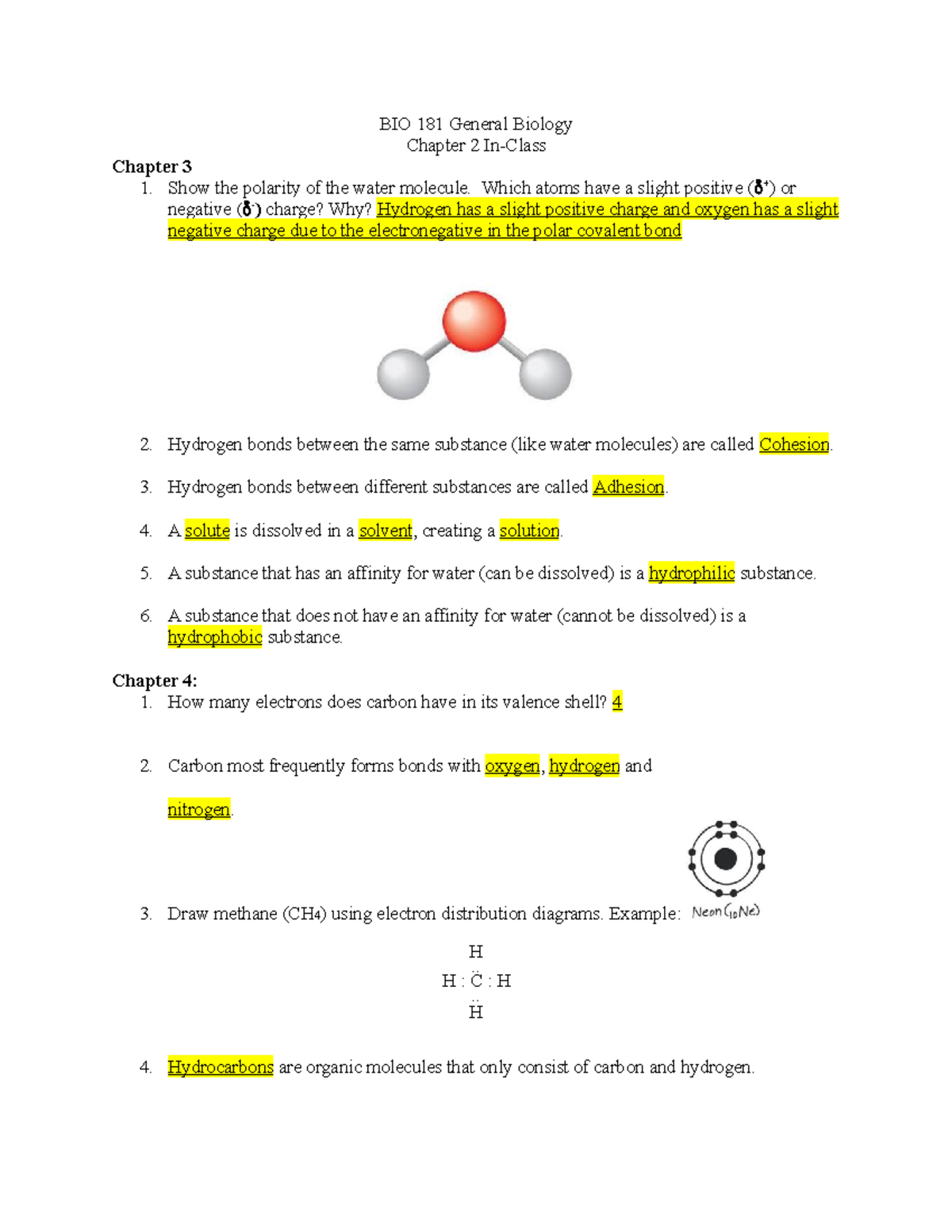 HW 2 CH 3-4 - Chapter 3-4; The Chemical Context of Life and - BIO 181 ...