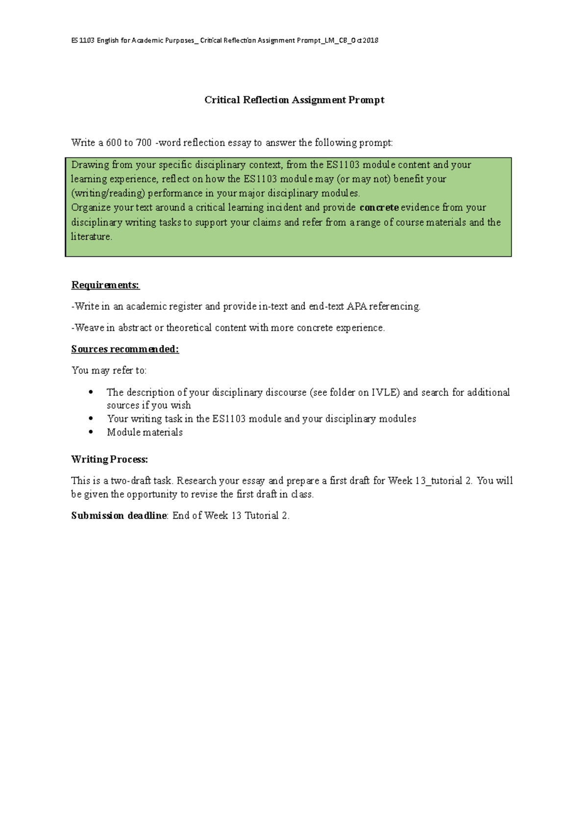 Critical Reflection Assignment Prompt - ES1103 English for Academic ...