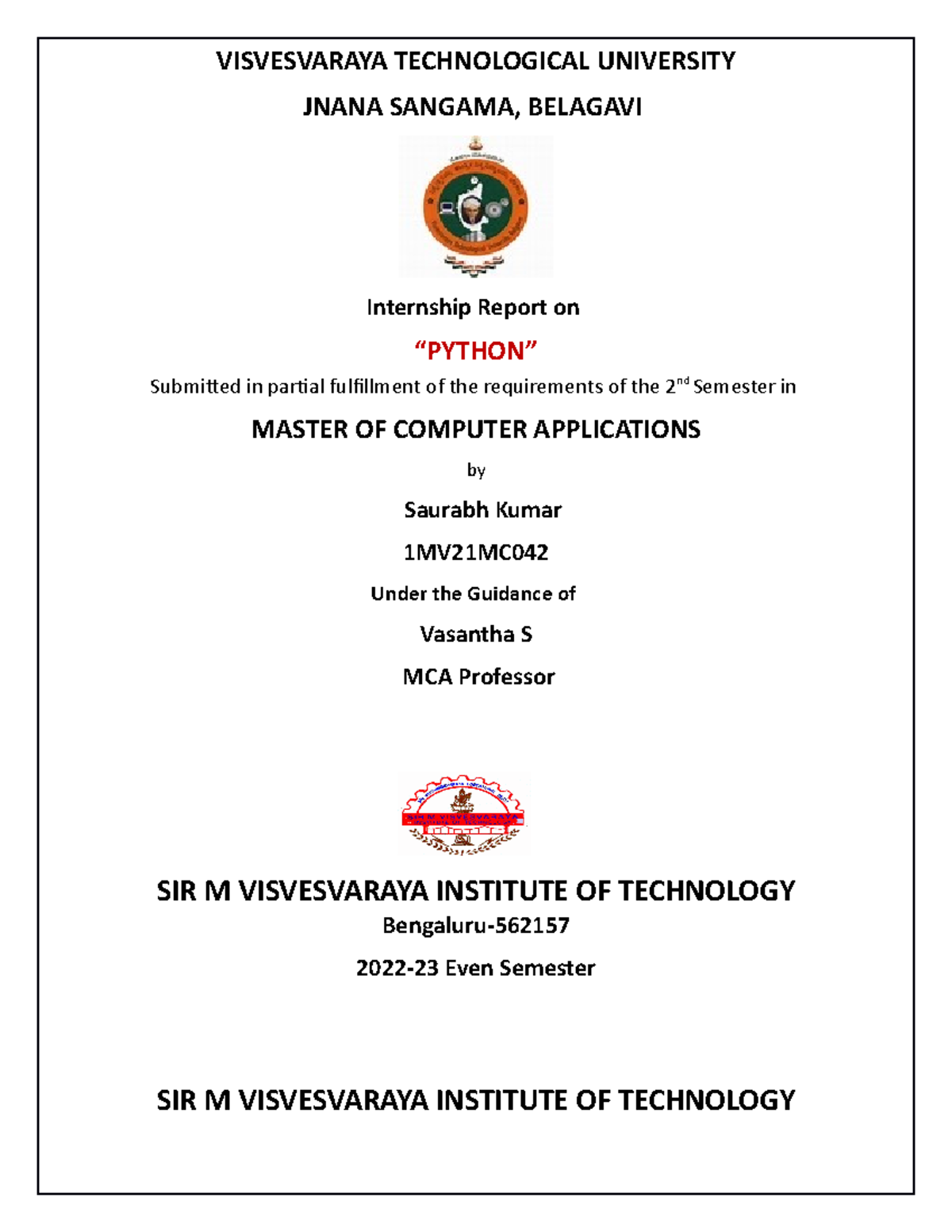 Internship Report 2022 - Visvesvaraya Technological University Jnana 