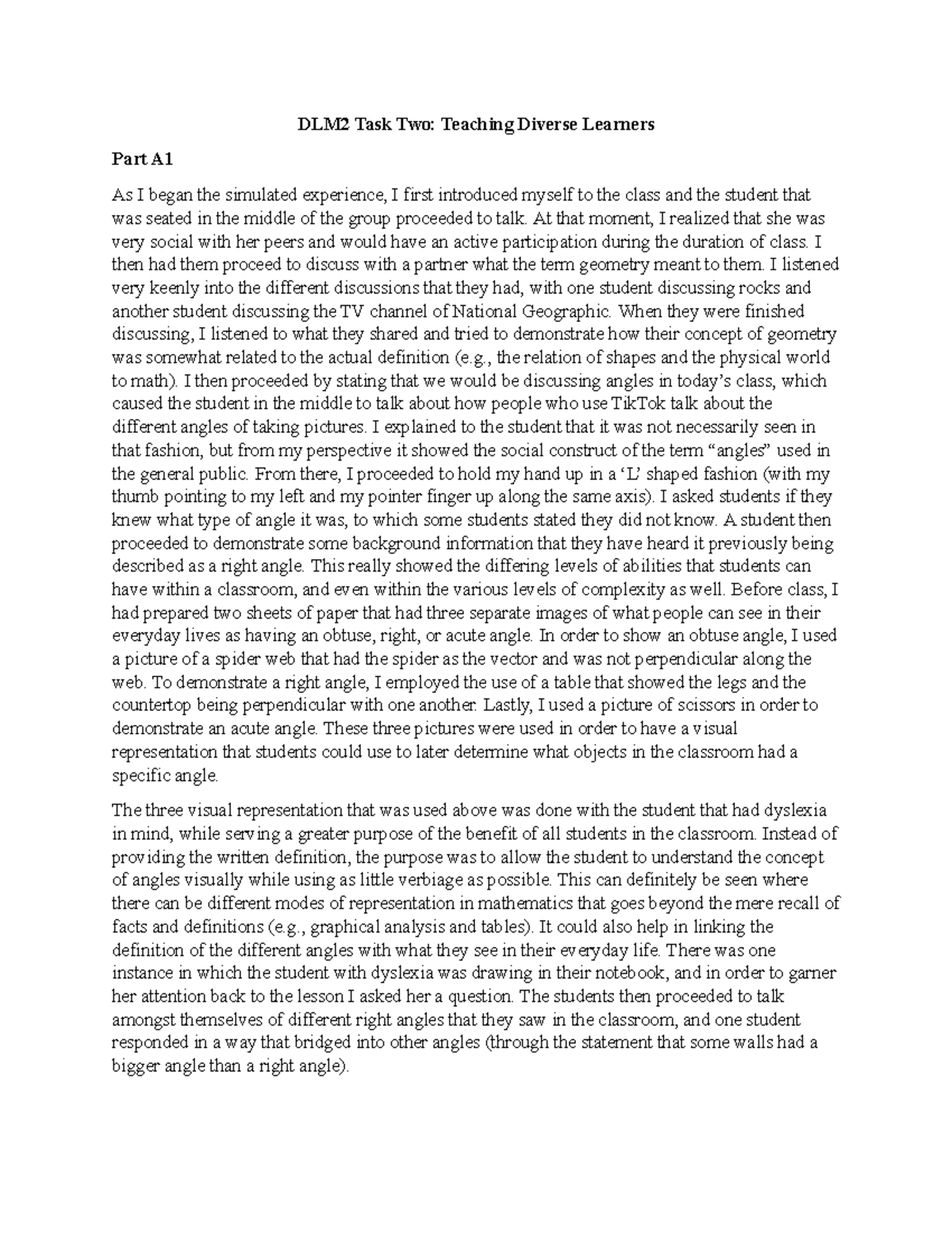 Task 2 w/ No Revisions - DLM2 Task Two: Teaching Diverse Learners Part ...