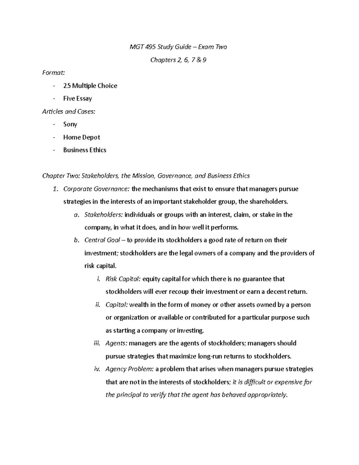 MGT 495 Exam Two Study Guide - MGT 495 Study Guide – Exam Two Chapters ...