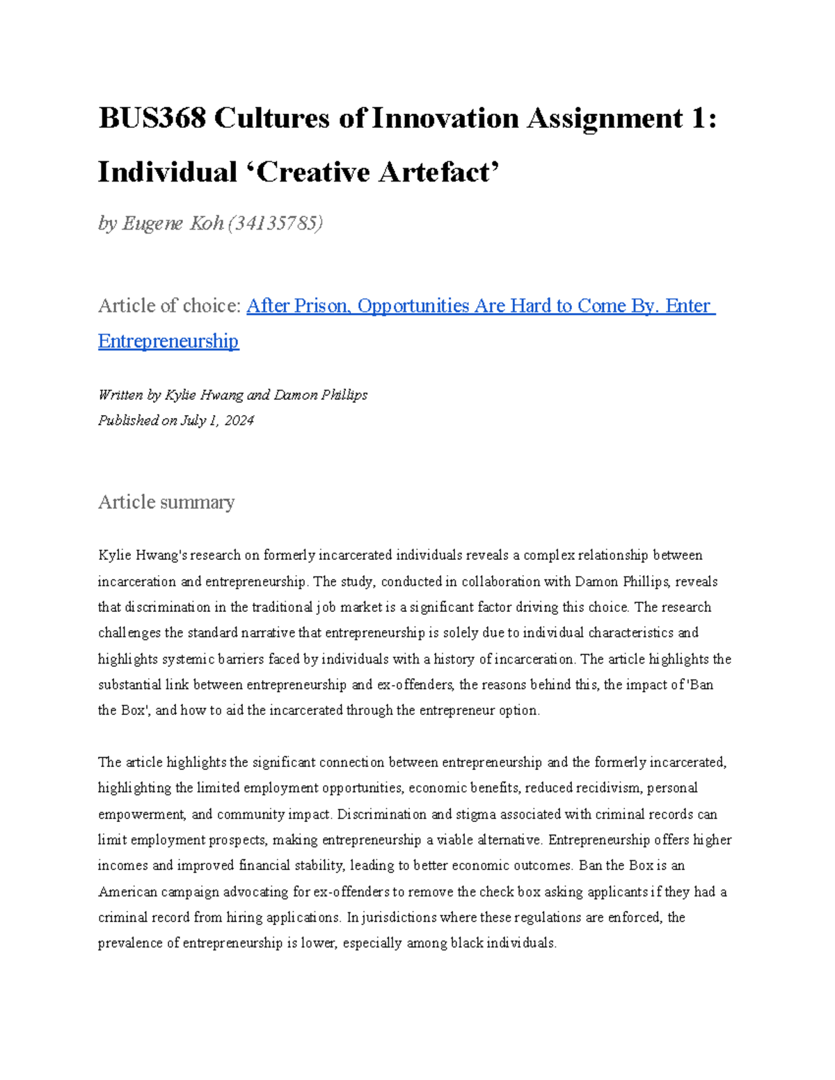 Assignment 1 Part A - BUS368 Cultures of Innovation Assignment 1 ...