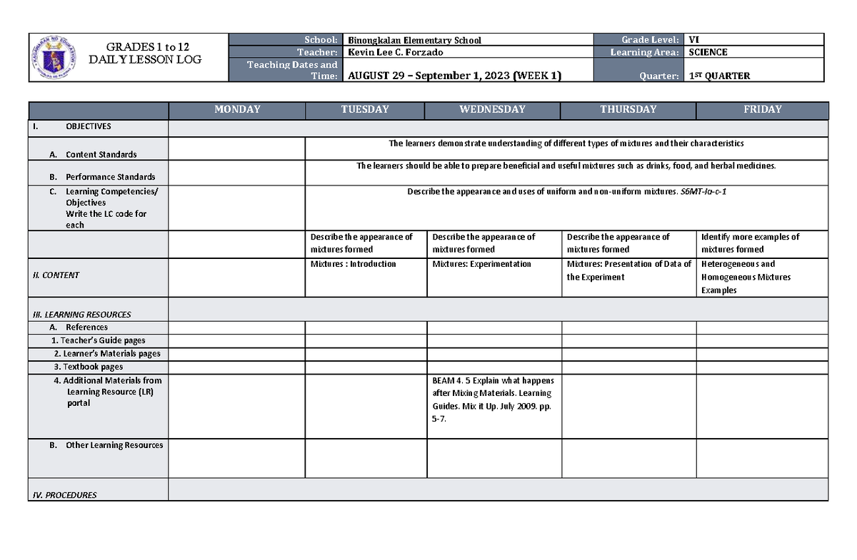 DLL Science 6 Q1 W1 - done - GRADES 1 to 12 DAILY LESSON LOG School ...