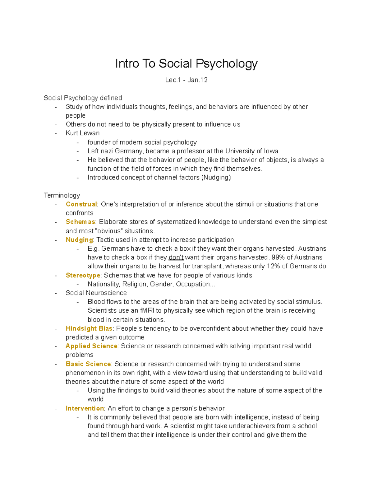 In Class-Lec1-Psy2070 - Intro To Social Psychology Lec - Jan. Social ...