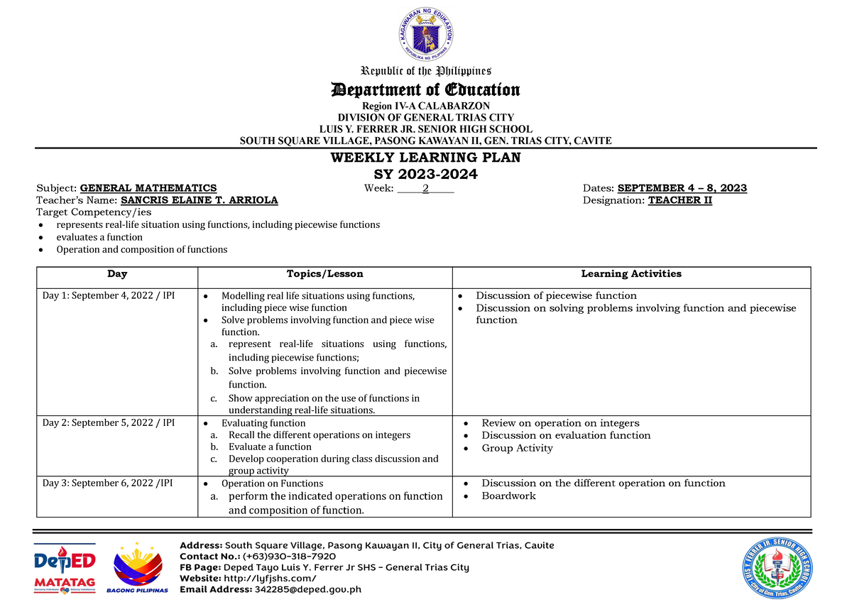 WLP GM W2 Q2 Arriola - WLP IN GENERAL MATHEMATICS - Republic of the ...