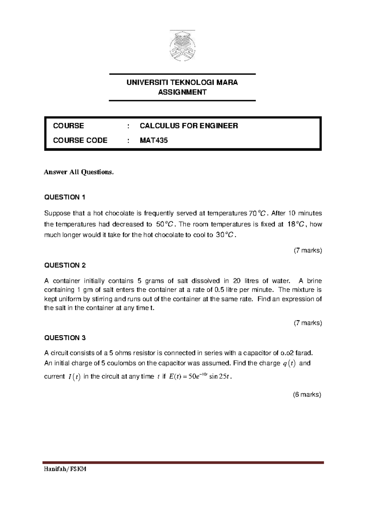 Assignment Mat435 - Hanifah/FSKM UNIVERSITI TEKNOLOGI MARA ASSIGNMENT ...