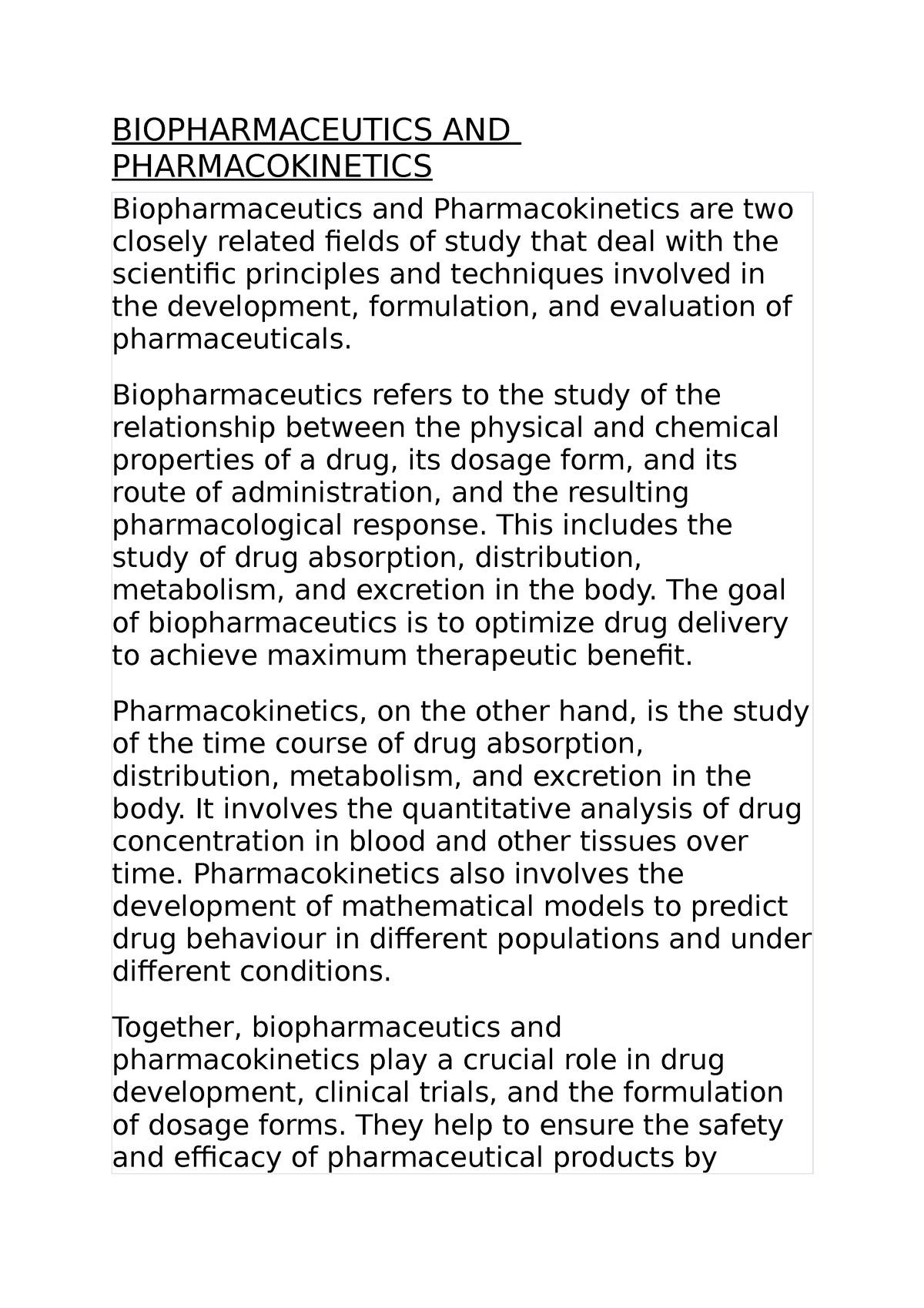 Biopharmaceutics AND Pharmacokinetics - BIOPHARMACEUTICS AND ...