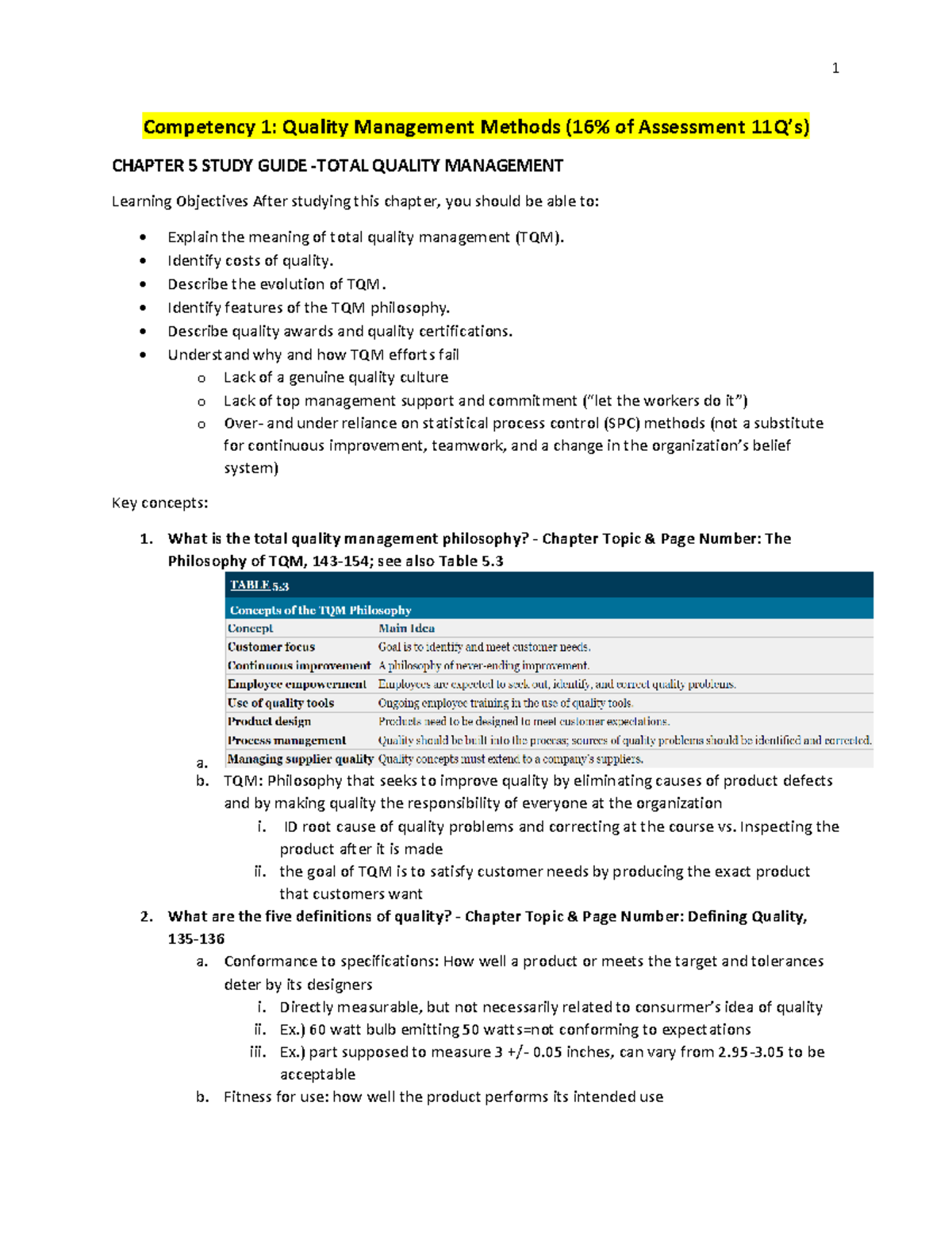 C215 Material Review - Competency 1: Quality Management Methods (16% of ...